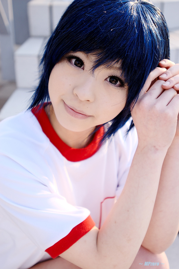 katou mari, photo (medium), blue hair, cosplay, gym uniform