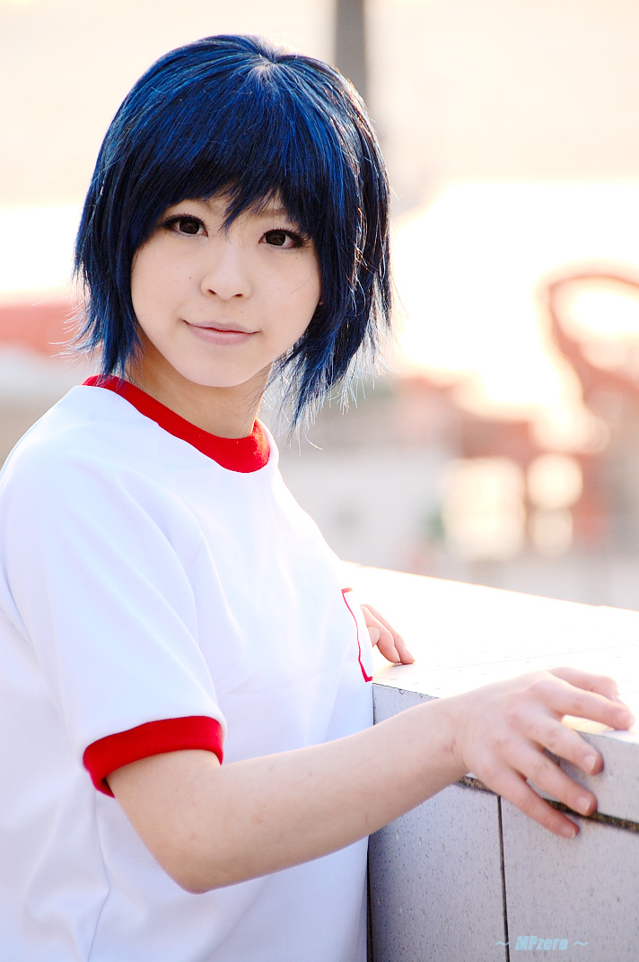 katou mari, photo (medium), blue hair, cosplay, gym uniform