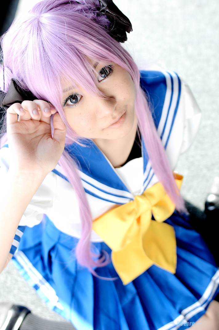 hiiragi kagami, lucky star, photo (medium), cosplay, hair ribbon, hitachi fuyuki, purple hair, ribbon, sailor, school uniform, serafuku, twintails