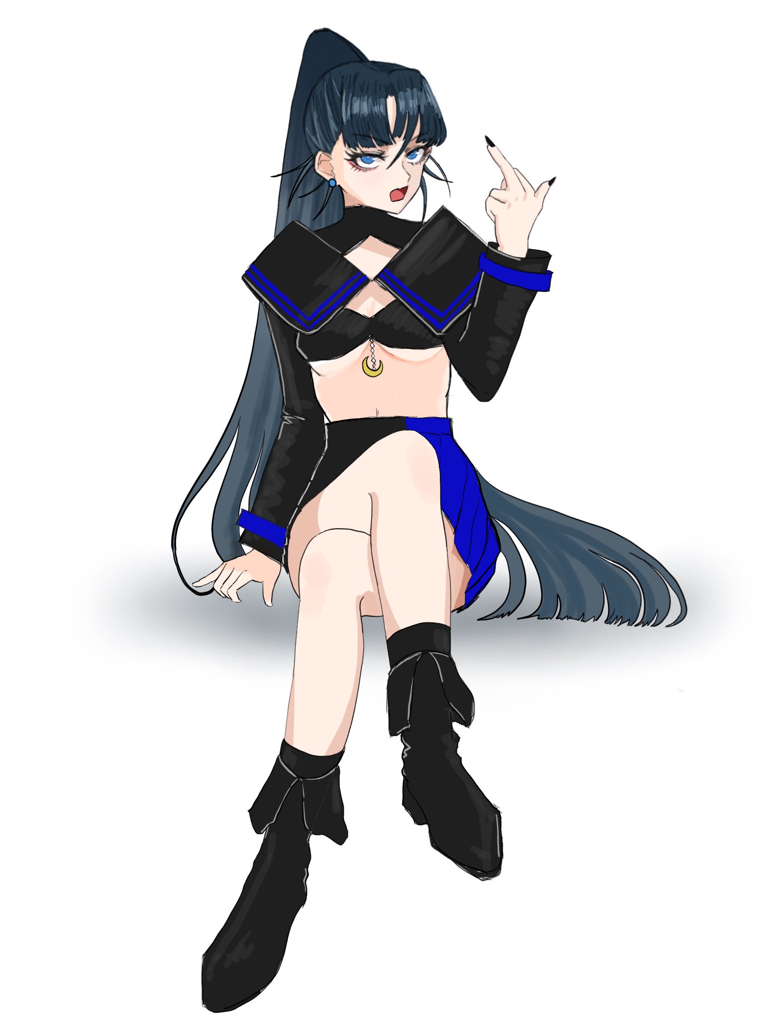 naima (ado), ado (utaite), usseewa, commentary, highres, 1girl, bikini, black bikini, black boots, black nails, black skirt, blue eyes, blue hair, blue skirt, boots, breasts, crossed legs, earrings, fukase (ki16d6rjic81961), hair between eyes, jewelry, long hair, long sleeves, looking at viewer, medium breasts, middle finger, nail polish, pleated skirt, simple background, sitting, skirt, solo, swimsuit, two-tone skirt, underboob, white background