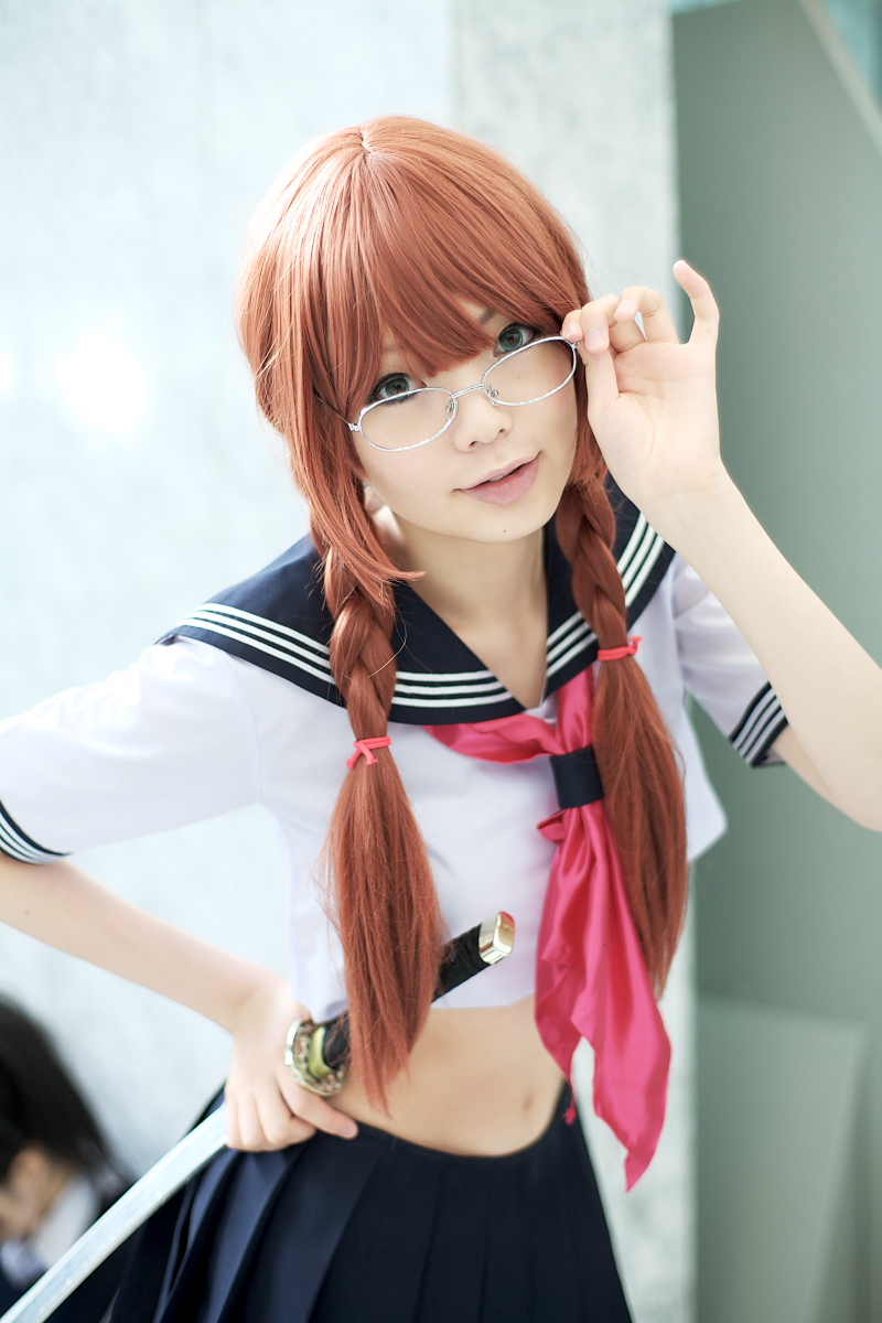 namada, arisugawa shii, the art of yamashita shunya, highres, photo (medium), 1girl, arisugawa shii (cosplay), asian, blue eyes, braid, brown hair, color contacts, cosplay, crop top, female focus, glasses, lensless glasses, long hair, looking at viewer, midriff, navel, pleated skirt, sailor, school uniform, serafuku, short sleeves, skirt, solo, standing, sword, twin braids, weapon