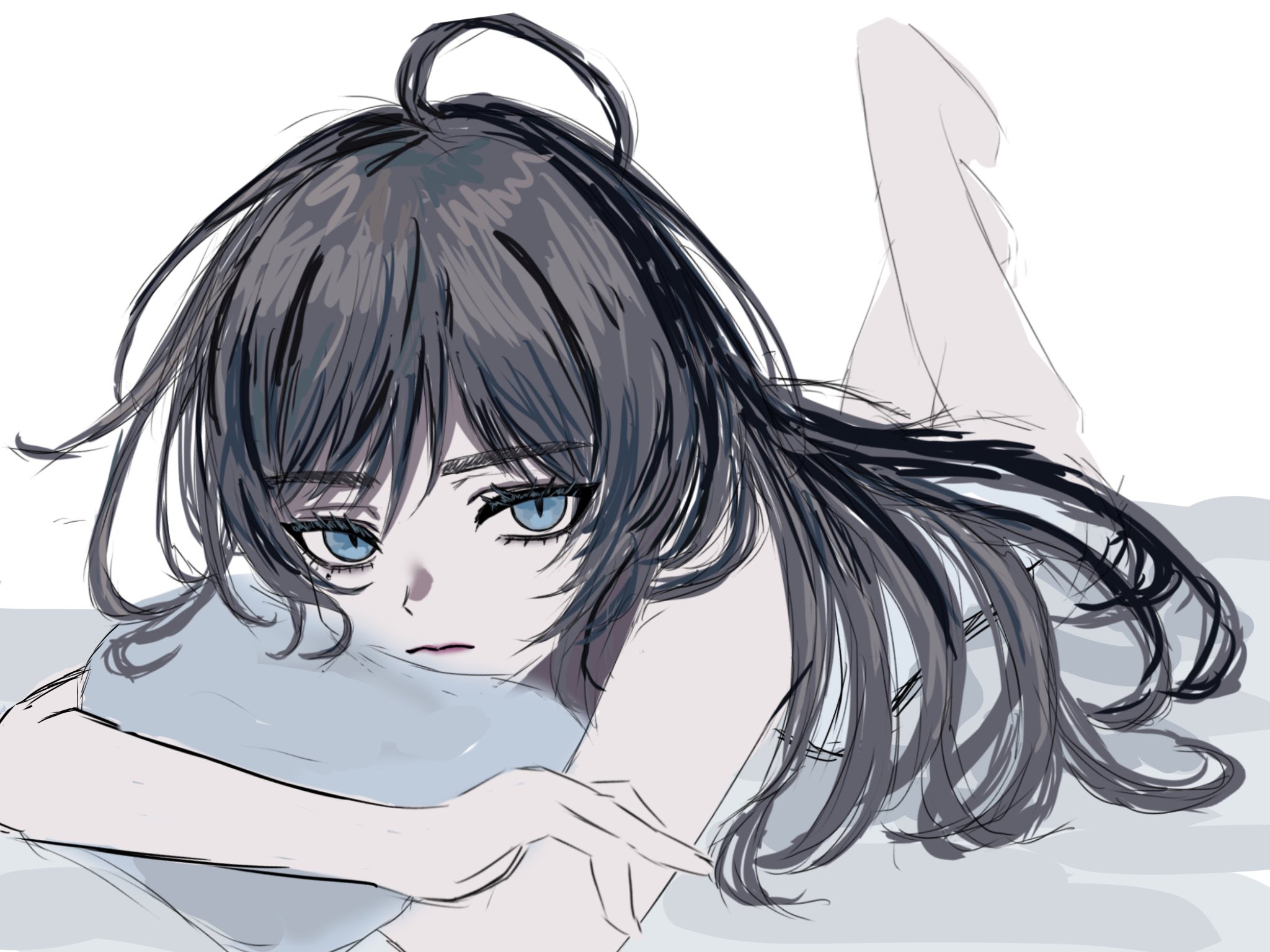 chando (ado), ado (utaite), commentary, hashtag-only commentary, highres, 1girl, ahoge, black hair, blue eyes, closed mouth, fukase (ki16d6rjic81961), legs up, long hair, lying, mole, mole under eye, on stomach, solo, utaite