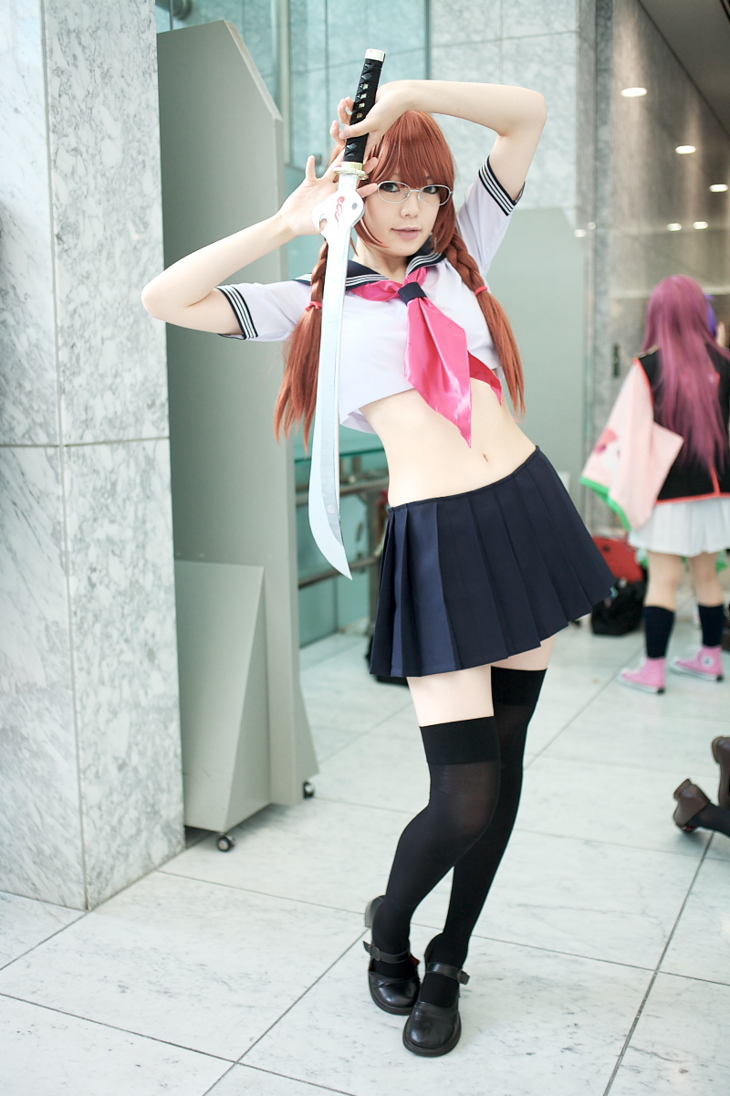 namada, arisugawa shii, the art of yamashita shunya, black footwear, black legwear, highres, photo (medium), 2girls, arisugawa shii (cosplay), asian, blue eyes, braid, brown hair, color contacts, contrapposto, cosplay, crop top, full body, glasses, indoors, lensless glasses, long hair, looking at viewer, mary janes, midriff, miniskirt, multiple girls, navel, pleated skirt, sailor, school uniform, serafuku, shoes, short sleeves, skirt, solo focus, standing, sword, thighhighs, twin braids, weapon, zettai ryouiki