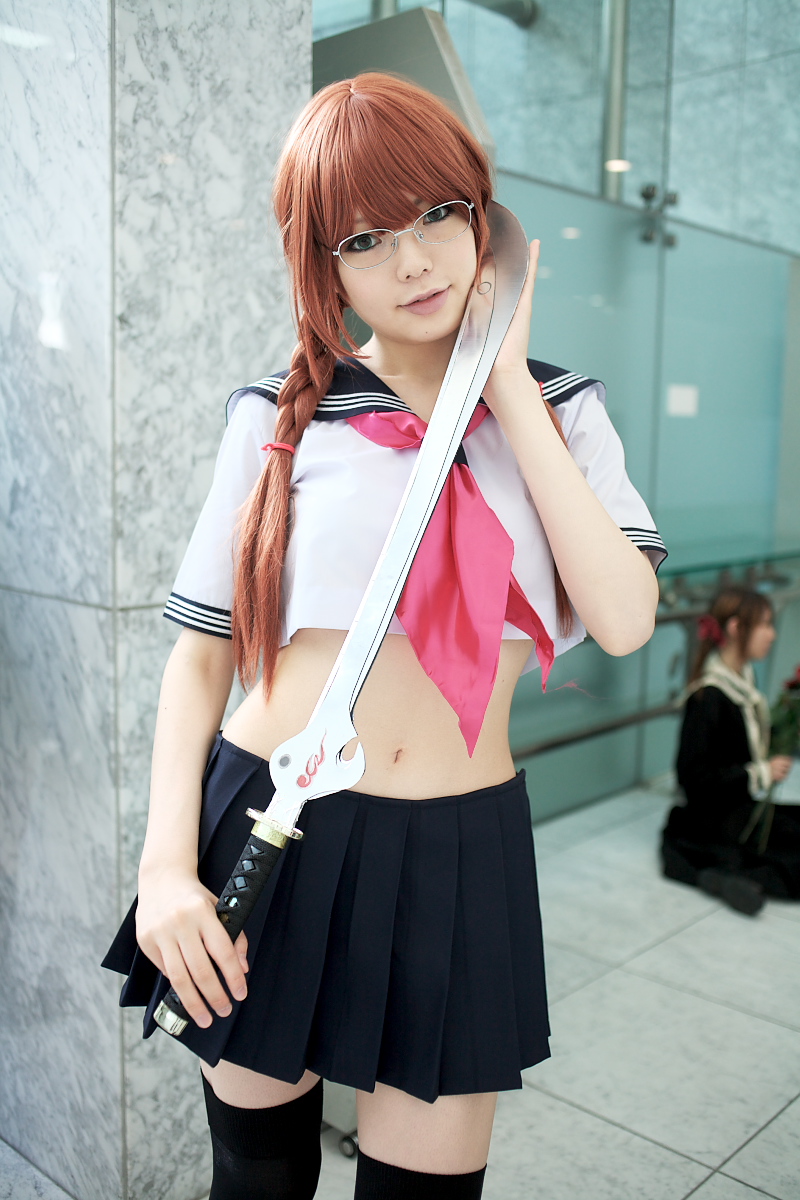 namada, arisugawa shii, the art of yamashita shunya, black legwear, highres, photo (medium), 2girls, aqua eyes, arisugawa shii (cosplay), asian, blue eyes, blurry, braid, brown hair, color contacts, contrapposto, cosplay, crop top, depth of field, glasses, green eyes, lensless glasses, long hair, looking at viewer, midriff, miniskirt, multiple girls, navel, outdoors, pleated skirt, sailor, school uniform, serafuku, short sleeves, skirt, solo focus, standing, sword, thighhighs, twin braids, weapon, zettai ryouiki