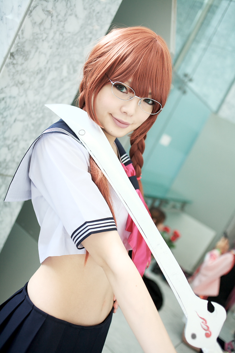 namada, arisugawa shii, the art of yamashita shunya, highres, photo (medium), 1girl, arisugawa shii (cosplay), asian, blue eyes, braid, brown hair, color contacts, cosplay, crop top, dutch angle, female focus, glasses, lensless glasses, long hair, looking at viewer, midriff, navel, pleated skirt, sailor, school uniform, serafuku, short sleeves, skirt, solo, standing, sword, twin braids, weapon