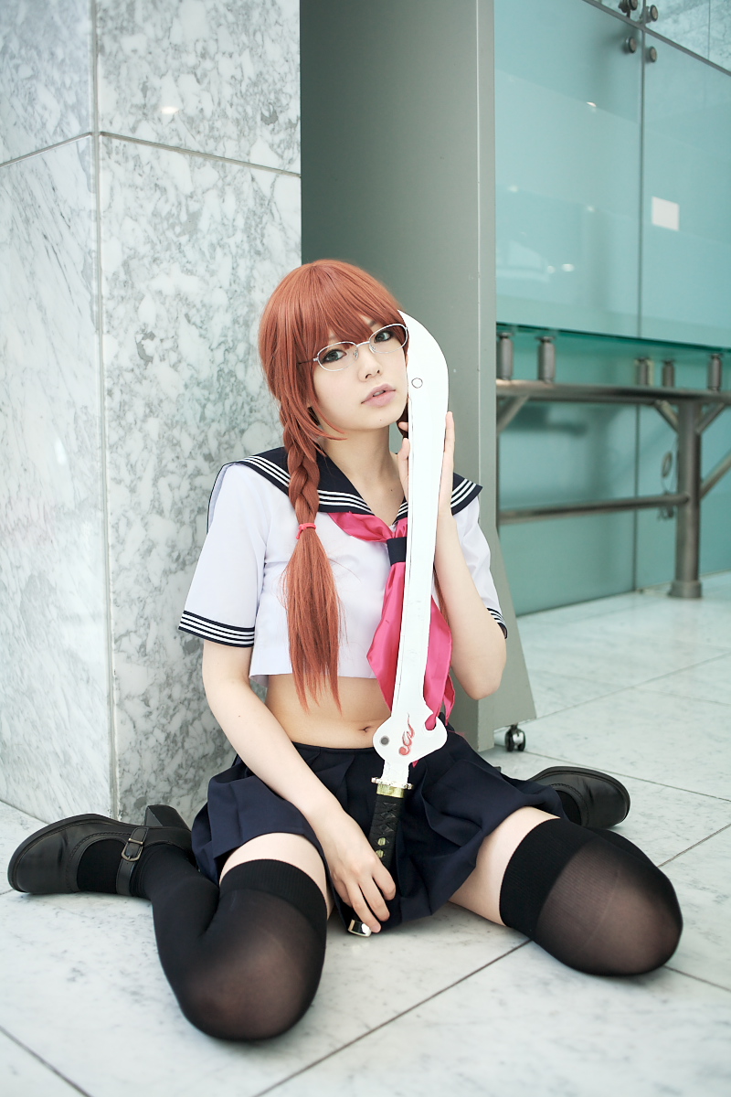 namada, arisugawa shii, the art of yamashita shunya, highres, photo (medium), 1girl, aqua eyes, arisugawa shii (cosplay), asian, black shoes, black thighhighs, blue eyes, blurry, braid, brown hair, color contacts, cosplay, crop top, depth of field, female focus, glasses, green eyes, head tilt, lensless glasses, long hair, looking at viewer, mary janes, midriff, miniskirt, navel, parted lips, pleated skirt, sailor, school uniform, serafuku, shoes, short sleeves, sitting, skirt, solo, sword, thighhighs, twin braids, wariza, weapon, zettai ryouiki