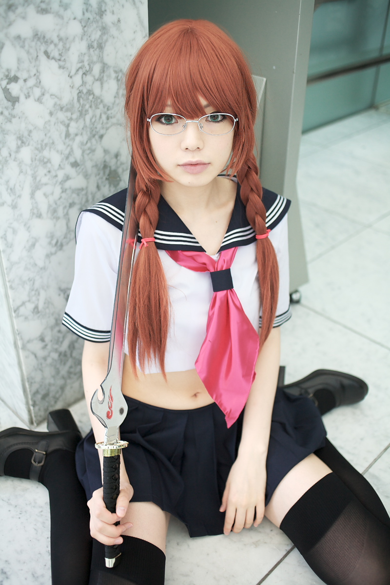 namada, arisugawa shii, the art of yamashita shunya, highres, photo (medium), 1girl, aqua eyes, arisugawa shii (cosplay), asian, black shoes, black thighhighs, blue eyes, blurry, braid, brown hair, color contacts, cosplay, crop top, depth of field, female focus, glasses, green eyes, lensless glasses, long hair, looking at viewer, mary janes, midriff, miniskirt, navel, pleated skirt, sailor, school uniform, serafuku, shoes, short sleeves, sitting, skirt, solo, sword, thighhighs, twin braids, wariza, weapon, zettai ryouiki