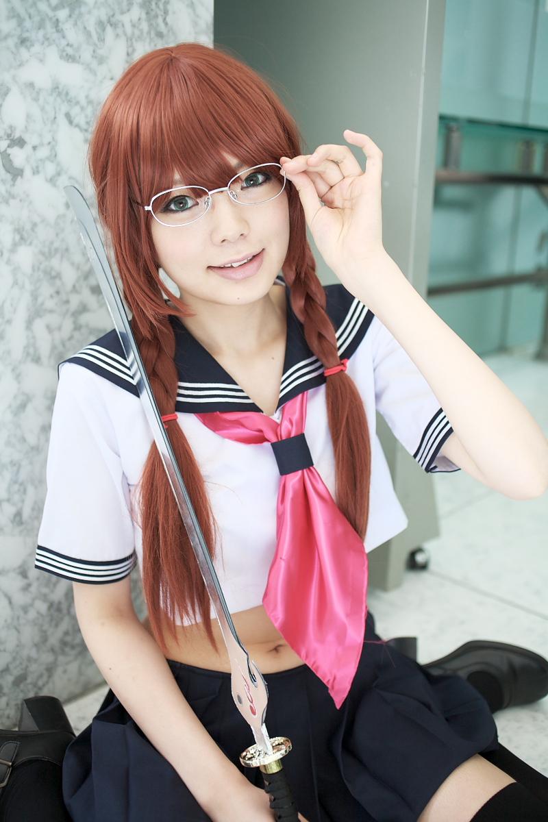 namada, arisugawa shii, the art of yamashita shunya, highres, photo (medium), 1girl, aqua eyes, arisugawa shii (cosplay), asian, black shoes, black thighhighs, blue eyes, blurry, braid, brown hair, color contacts, cosplay, crop top, depth of field, female focus, glasses, green eyes, head tilt, lensless glasses, long hair, looking at viewer, mary janes, midriff, miniskirt, navel, pleated skirt, sailor, school uniform, serafuku, shoes, short sleeves, sitting, skirt, smile, solo, sword, thighhighs, twin braids, wariza, weapon, zettai ryouiki