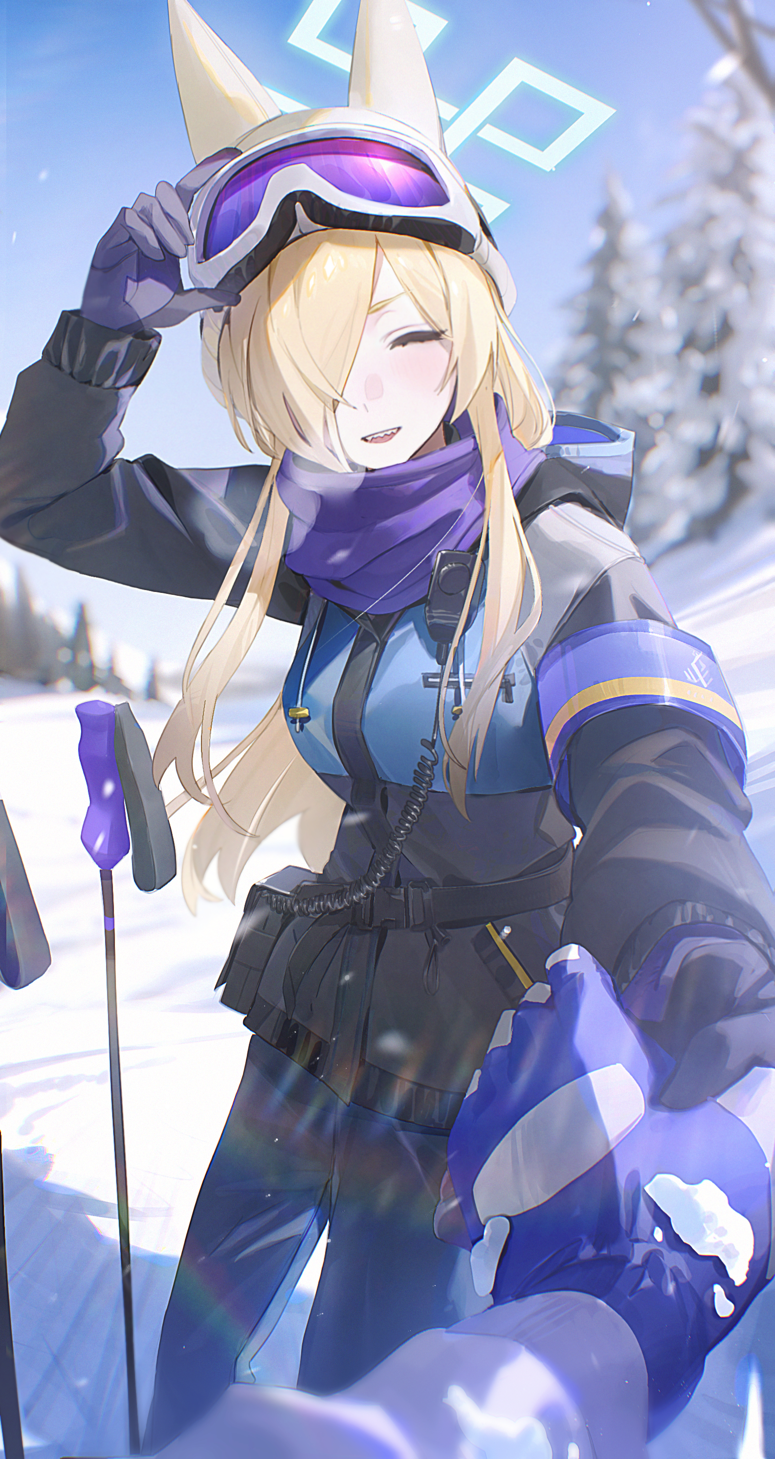 flatshi, kanna (blue archive), blue archive, absurdres, commentary request, highres, 1girl, 1other, alternate costume, animal ears, armband, black gloves, black jacket, black pants, blonde hair, blue armband, blue gloves, closed eyes, dog ears, eyewear on head, gloves, grey jacket, hair over one eye, halo, hand grab, jacket, long hair, looking at viewer, open mouth, outdoors, pants, purple scarf, scarf, sharp teeth, snow, snow goggles, teeth
