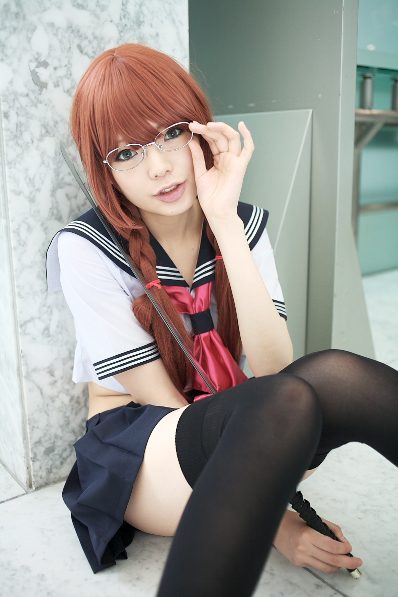 namada, arisugawa shii, the art of yamashita shunya, highres, photo (medium), 1girl, aqua eyes, arisugawa shii (cosplay), asian, black thighhighs, blue eyes, blurry, braid, brown hair, color contacts, cosplay, crop top, depth of field, female focus, glasses, green eyes, knees together feet apart, lensless glasses, long hair, looking at viewer, midriff, miniskirt, on floor, pleated skirt, sailor, school uniform, serafuku, short sleeves, sitting, skirt, solo, sword, thighhighs, twin braids, weapon, zettai ryouiki