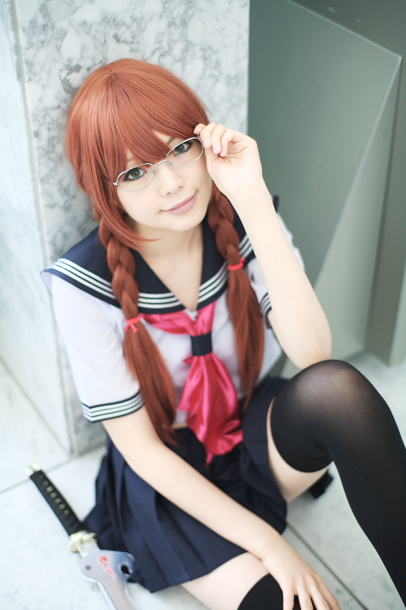 namada, arisugawa shii, the art of yamashita shunya, highres, photo (medium), 1girl, aqua eyes, arisugawa shii (cosplay), asian, black thighhighs, blue eyes, blurry, braid, brown hair, color contacts, cosplay, crop top, depth of field, female focus, glasses, green eyes, lensless glasses, long hair, looking at viewer, midriff, miniskirt, on floor, pleated skirt, sailor, school uniform, serafuku, short sleeves, sitting, skirt, solo, sword, thighhighs, twin braids, weapon, zettai ryouiki