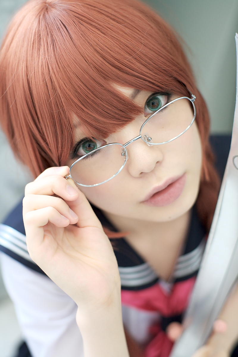 namada, arisugawa shii, the art of yamashita shunya, highres, photo (medium), 1girl, aqua eyes, arisugawa shii (cosplay), asian, blue eyes, braid, brown hair, color contacts, cosplay, female focus, glasses, green eyes, lensless glasses, long hair, looking at viewer, looking over eyewear, sailor, school uniform, serafuku, short sleeves, solo, sword, twin braids, weapon