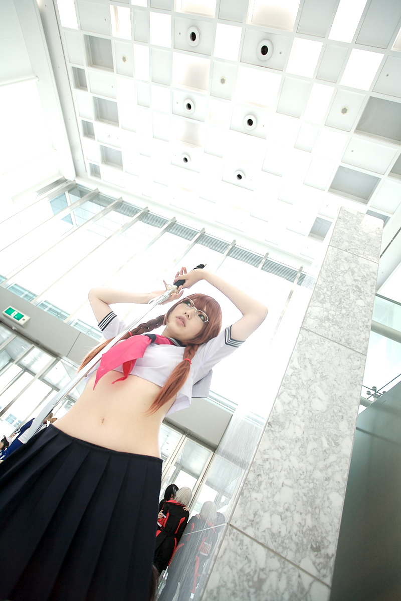 namada, arisugawa shii, the art of yamashita shunya, black legwear, highres, photo (medium), 4girls, aqua eyes, arisugawa shii (cosplay), asian, blue eyes, blurry, braid, brown hair, color contacts, cosplay, crop top, depth of field, dutch angle, from below, glasses, green eyes, indoors, lensless glasses, long hair, looking at viewer, midriff, miniskirt, multiple girls, pleated skirt, sailor, school uniform, serafuku, short sleeves, skirt, solo focus, standing, sword, thighhighs, twin braids, weapon, zettai ryouiki