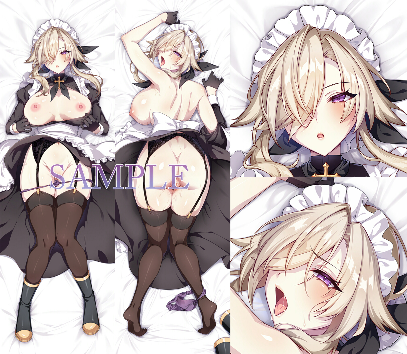 puuzaki puuna, original, highres, 1girl, ass, black boots, black garter belt, black gloves, black thighhighs, blush, boots, breasts, dakimakura (medium), garter belt, gloves, hair over one eye, half gloves, large breasts, looking at viewer, lying, maid headdress, multiple expressions, multiple views, nipples, on back, on stomach, one eye covered, open mouth, panties, panties around one ankle, purple panties, sample watermark, thighhighs, thighs, underwear, watermark