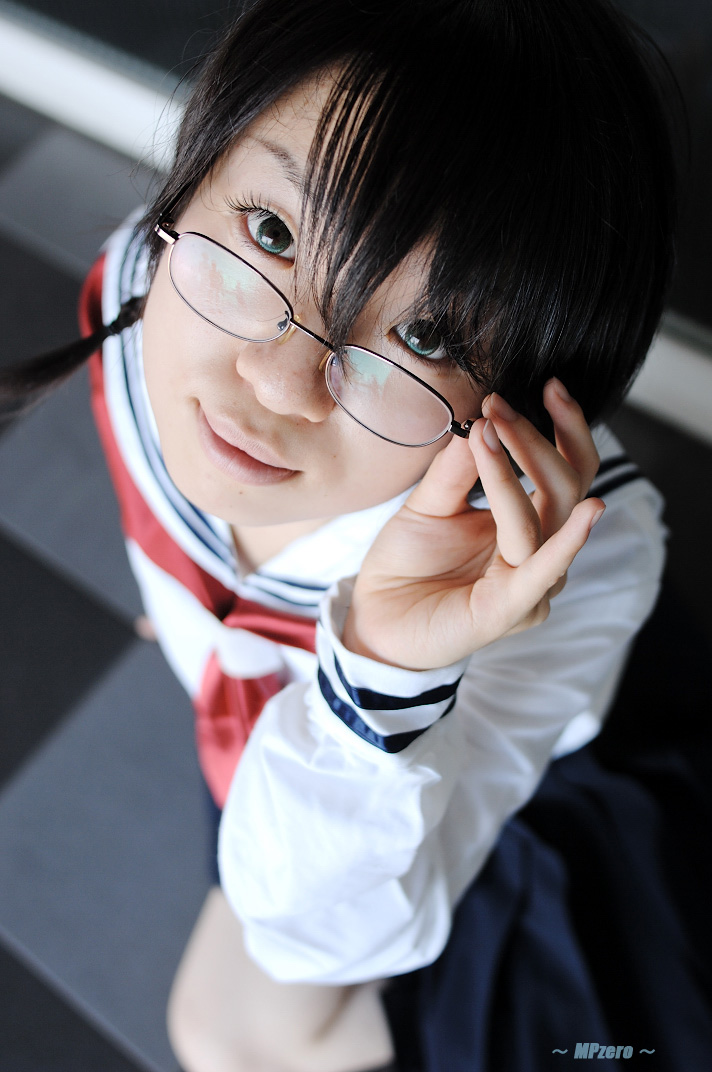 nakajima sanae, sumomomo momomo, photo (medium), braid, cosplay, glasses, hiyo mikuriya, school uniform, serafuku, twin braids