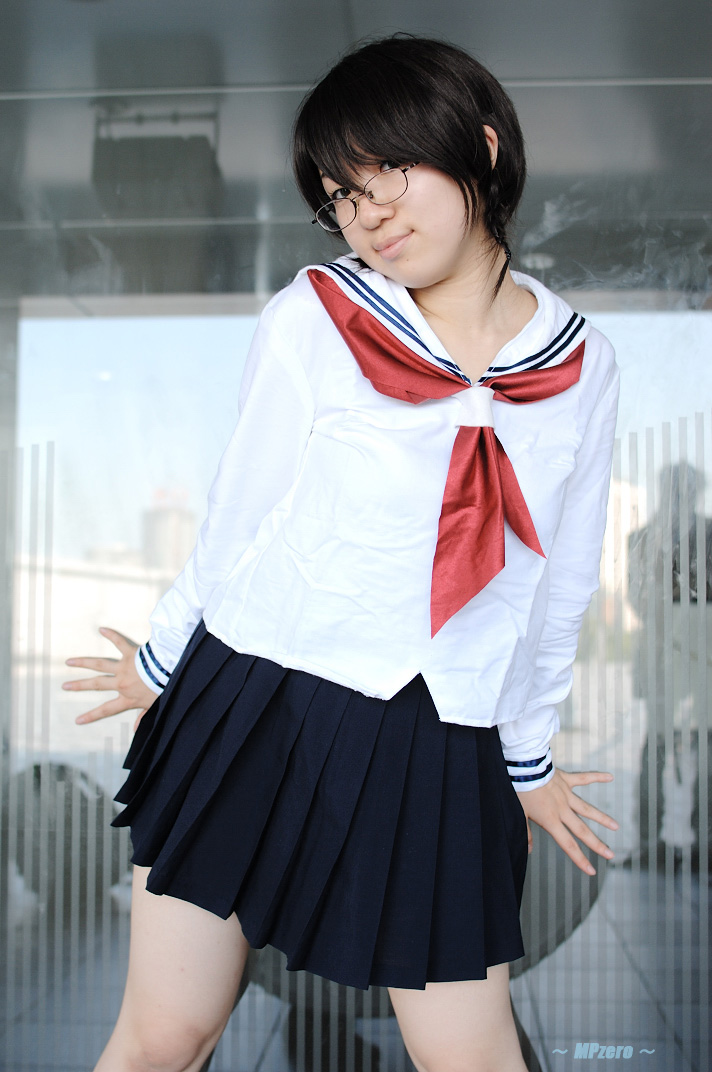 nakajima sanae, sumomomo momomo, photo (medium), braid, cosplay, glasses, hiyo mikuriya, school uniform, serafuku, twin braids
