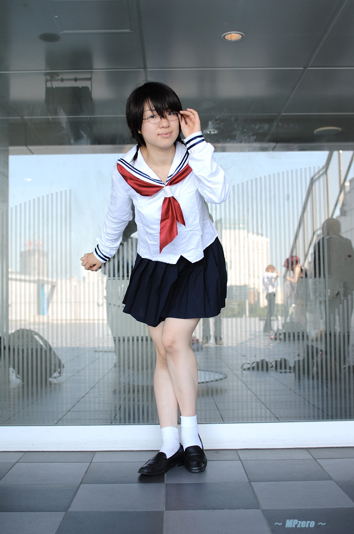 nakajima sanae, sumomomo momomo, photo (medium), braid, cosplay, glasses, hiyo mikuriya, school uniform, serafuku, socks, twin braids