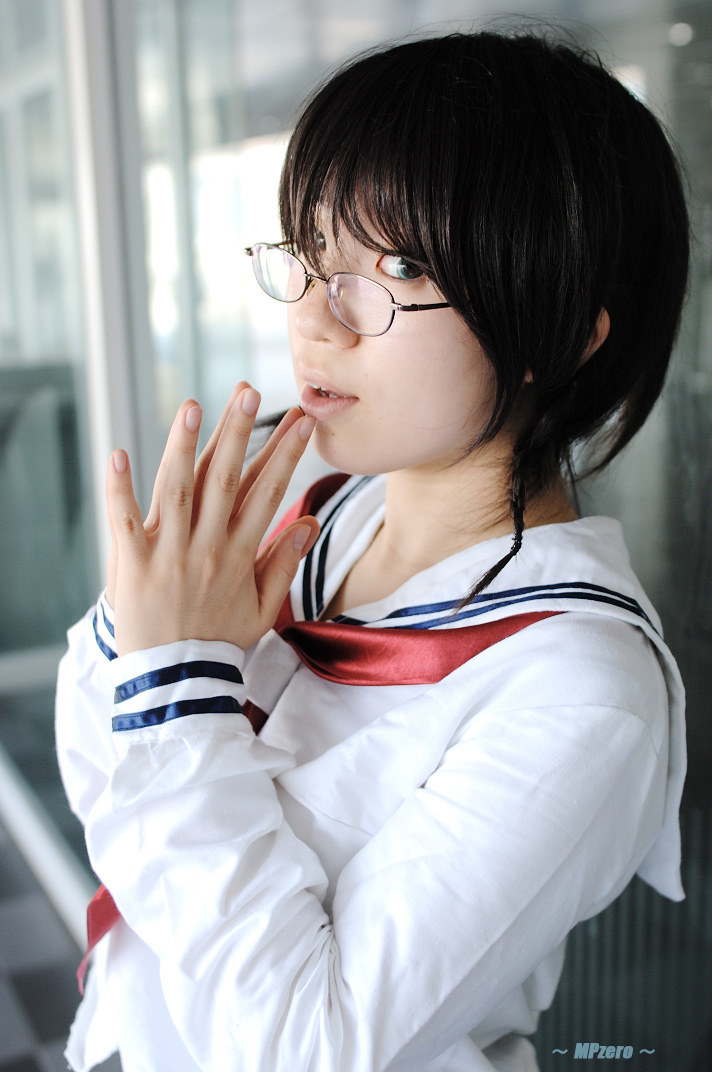 nakajima sanae, sumomomo momomo, photo (medium), braid, cosplay, glasses, hiyo mikuriya, school uniform, serafuku, twin braids