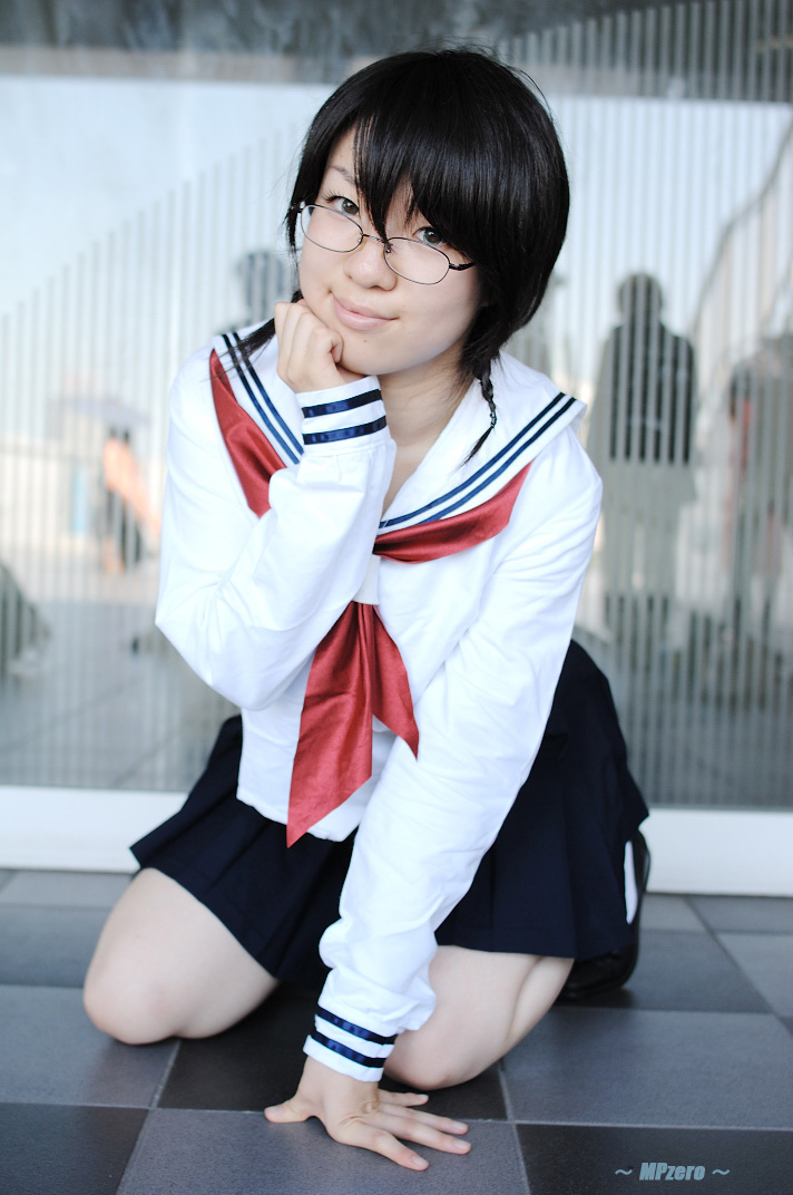 nakajima sanae, sumomomo momomo, photo (medium), braid, cosplay, glasses, hiyo mikuriya, school uniform, serafuku, twin braids
