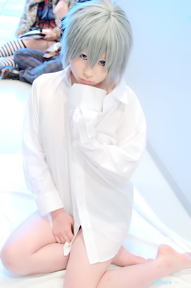 touta miya, akira (togainu no chi), togainu no chi, silver hair, photo (medium), 1girl, asian, barefoot, bottomless, collared shirt, cosplay, dress shirt, female focus, japanese (nationality), looking at viewer, shirt, sitting, solo, white shirt, yokozuwari