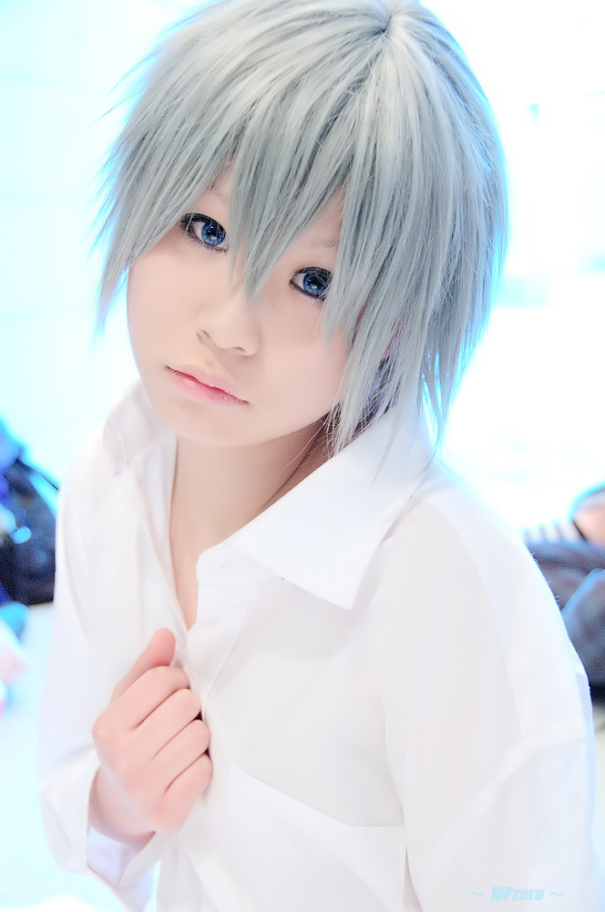 touta miya, akira (togainu no chi), togainu no chi, silver hair, photo (medium), 1girl, asian, blue eyes, bottomless, collared shirt, color contacts, cosplay, dress shirt, female focus, japanese (nationality), looking at viewer, shirt, solo, white shirt