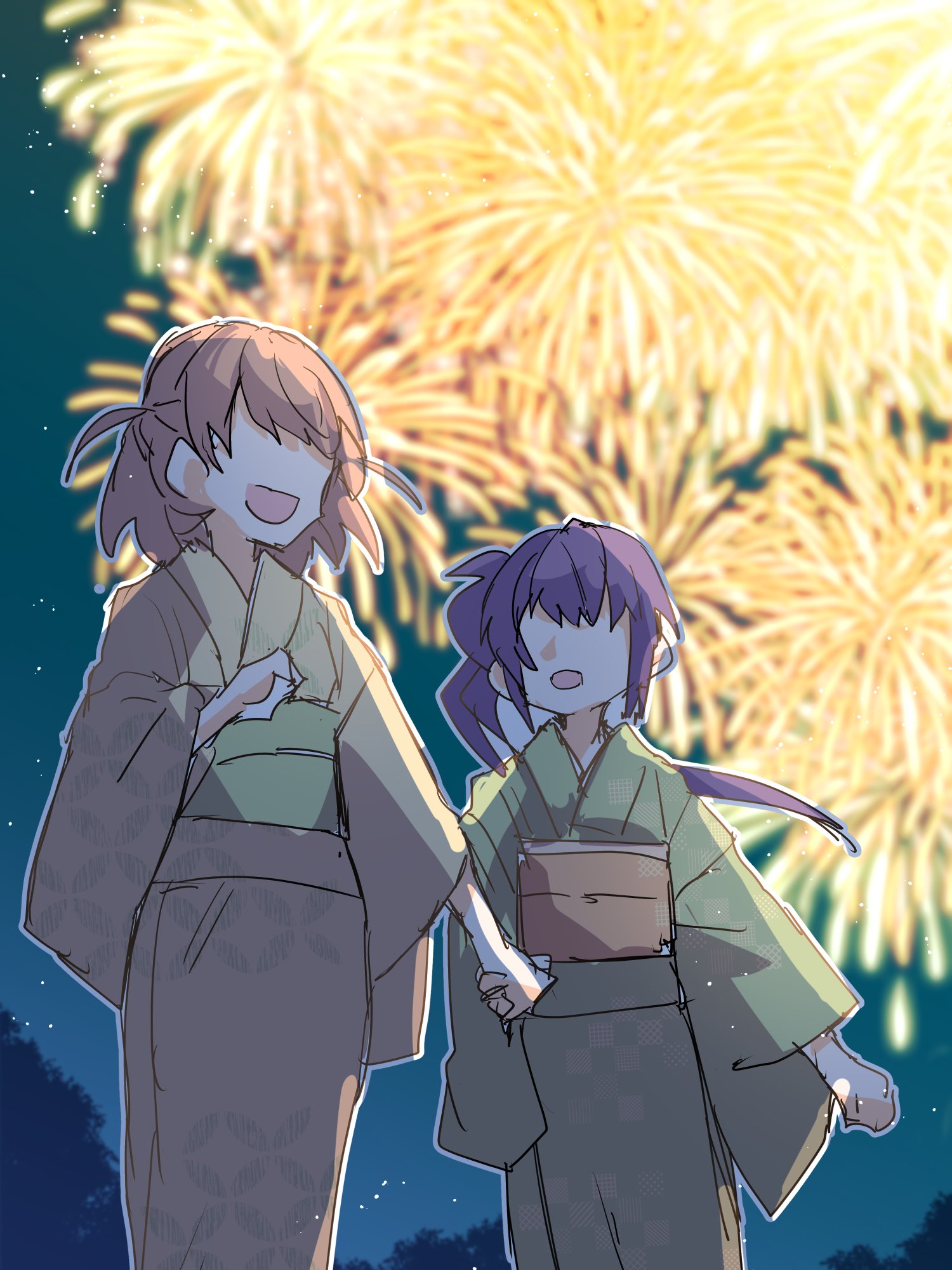 kanduki kamibukuro, hinoshita kaho, otomune kozue, link! like! love live!, love live!, commentary request, highres, 2girls, :d, aerial fireworks, backlighting, cerise bouquet, fireworks, floating hair, green kimono, green sash, holding hands, japanese clothes, kimono, light particles, long hair, long sleeves, medium hair, multiple girls, night, night sky, no eyes, obi, obiage, obijime, open mouth, orange hair, orange sash, purple hair, sash, side ponytail, sidelocks, sky, smile, two side up, virtual youtuber, yellow kimono