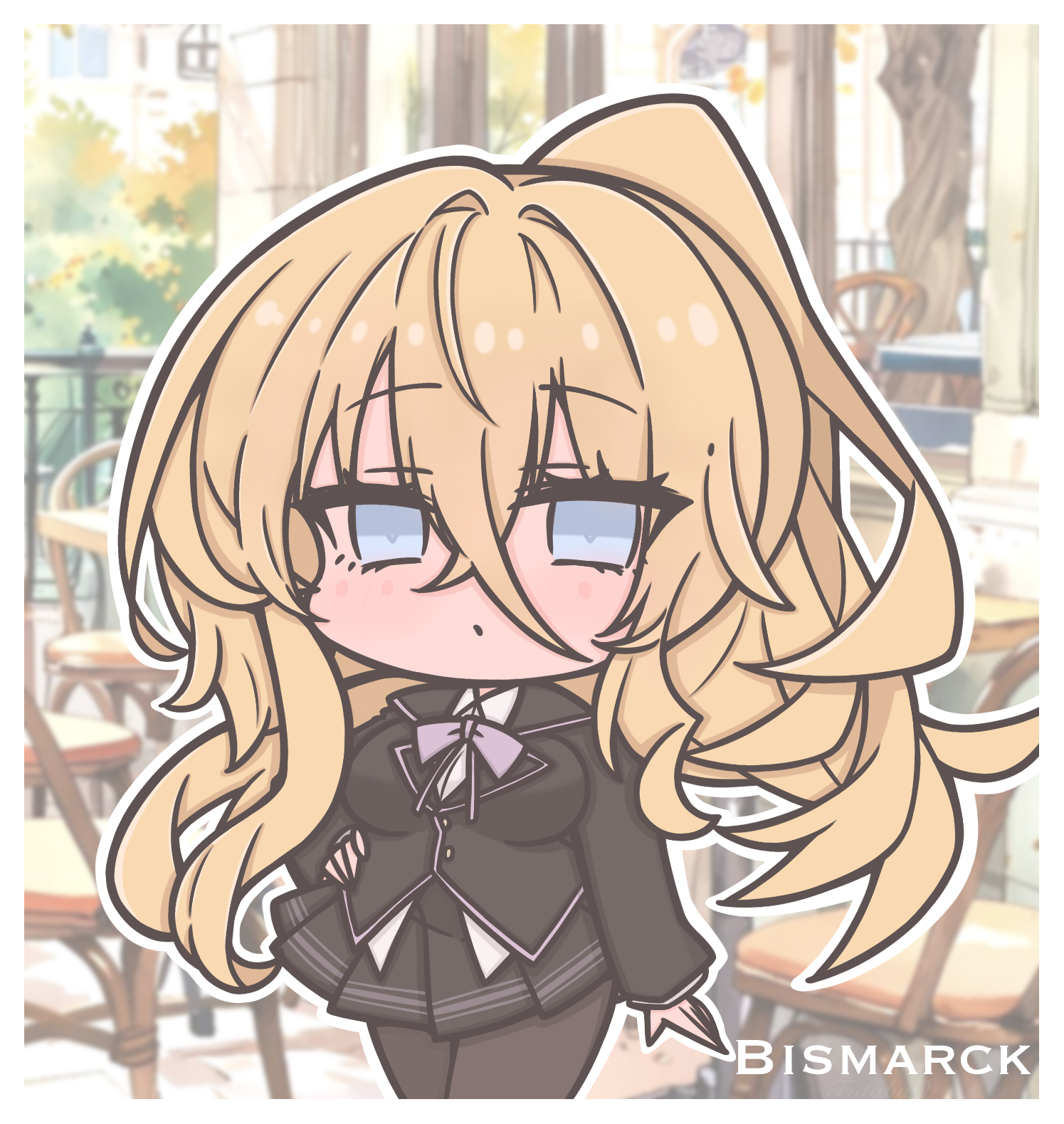 futaba (anti clockwise), bismarck (azur lane), azur lane, ai-assisted, commentary, highres, symbol-only commentary, 1girl, :o, ai-generated background, alternate costume, alternate hairstyle, artist name, black jacket, black pantyhose, black skirt, blonde hair, blue eyes, blurry, blurry background, border, bow, bowtie, breasts, building, buttons, chair, character name, chibi, chibi only, collared shirt, cowboy shot, crossed bangs, grey necktie, hair between eyes, hand on own hip, high ponytail, jacket, lapels, large breasts, long sleeves, necktie, outdoors, outline, pantyhose, parted lips, pleated skirt, ponytail, school uniform, shirt, sidelocks, skirt, solo, table, tree, white border, white outline, white shirt