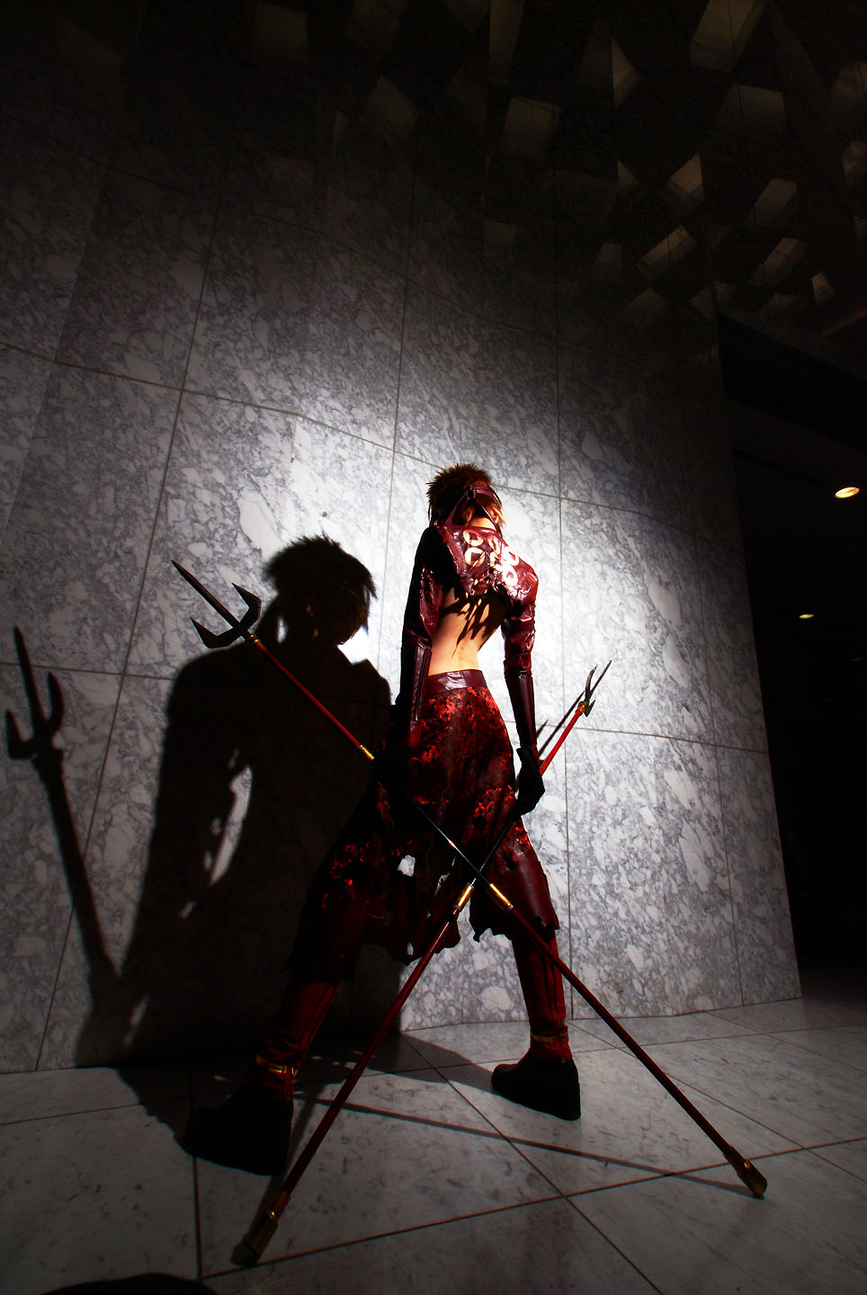 houtou singi (model), yukimura sanada, sengoku basara, highres, photo (medium), 1girl, back, cosplay, female focus, from below, full body, polearm, solo, spear, standing, torn clothes, weapon