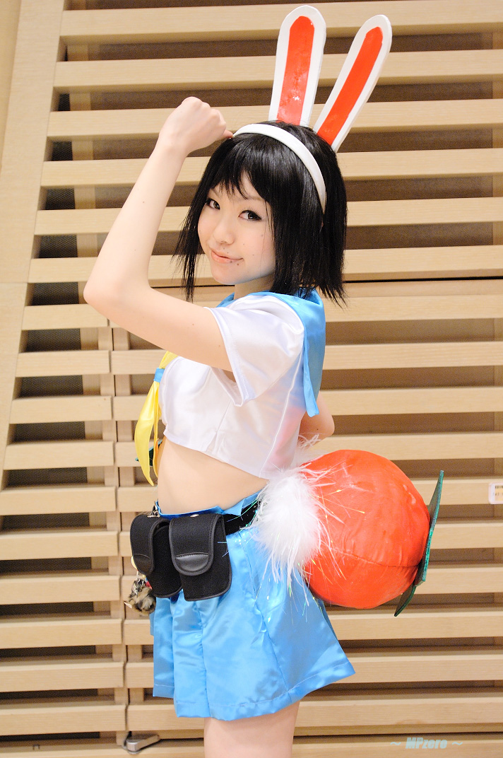 todoroki asuka, minazuki miina, getsumento heiki miina, photo (medium), 1girl, animal ears, asian, belt, cosplay, female focus, hairband, looking at viewer, miniskirt, rabbit ears, school uniform, serafuku, skirt, solo, tomato, utility belt
