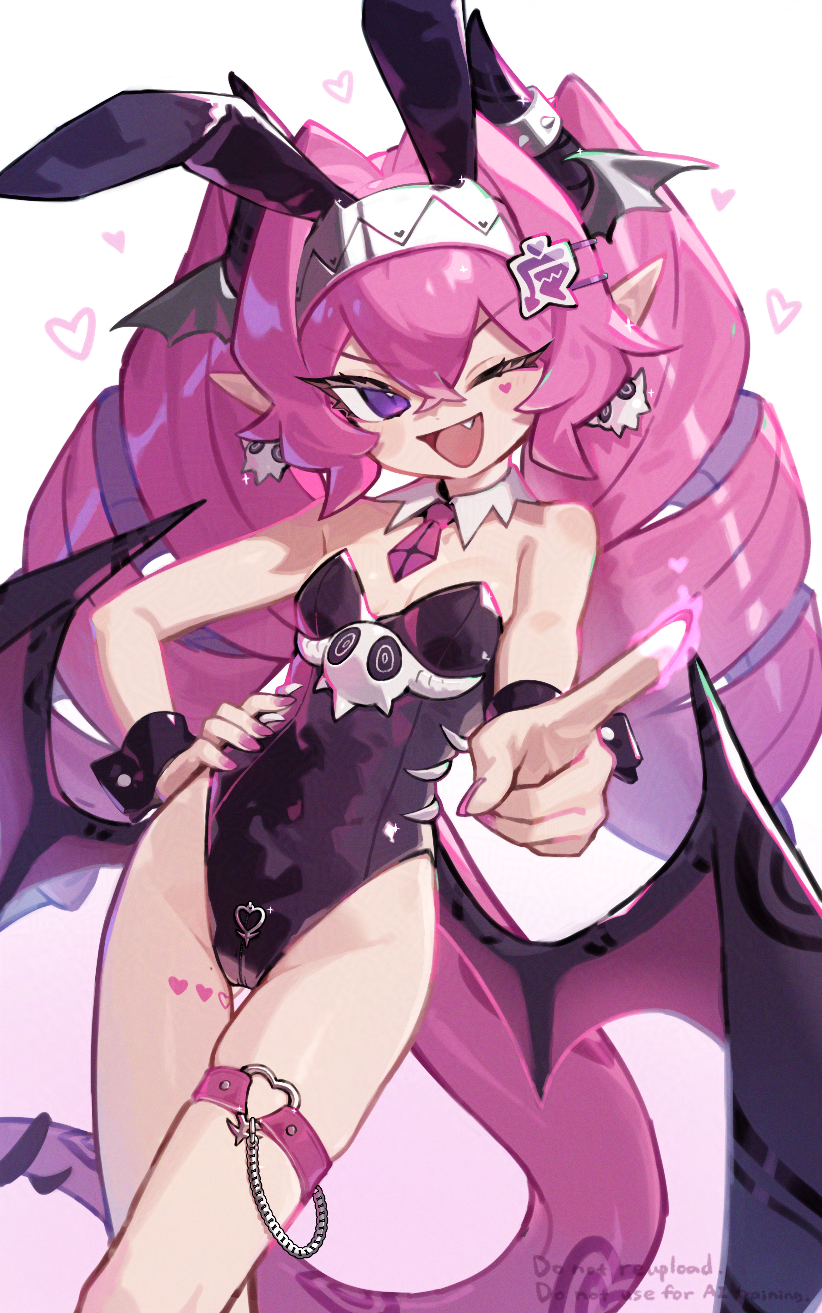 zizi niisan, original, absurdres, highres, 1girl, animal ear hairband, animal ears, black leotard, blush, breasts, demon girl, demon horns, demon tail, demon wings, drill hair, fake animal ears, fang, hairband, hand on own hip, heart, horns, index finger raised, leotard, long hair, looking at viewer, necktie, one eye closed, open mouth, pink nails, pointy ears, purple eyes, rabbit ear hairband, rabbit ears, red necktie, small breasts, smile, solo, tail, thigh strap, twin drills, wings, wrist cuffs