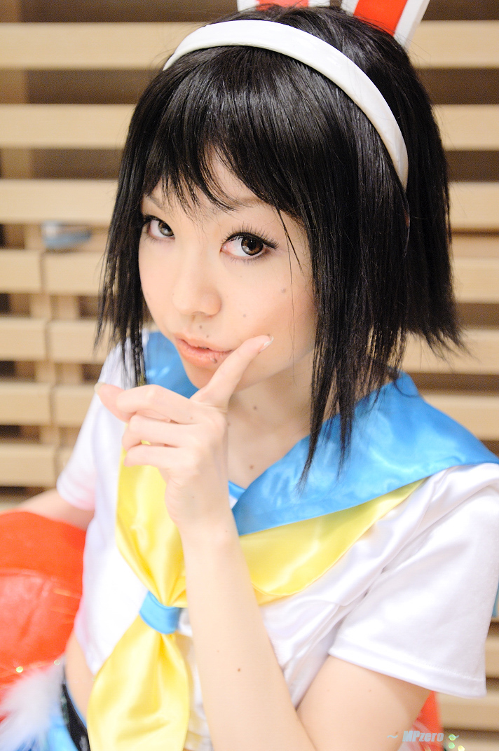 todoroki asuka, minazuki miina, getsumento heiki miina, photo (medium), 1girl, animal ears, cosplay, female focus, hairband, looking at viewer, rabbit ears, school uniform, serafuku, solo