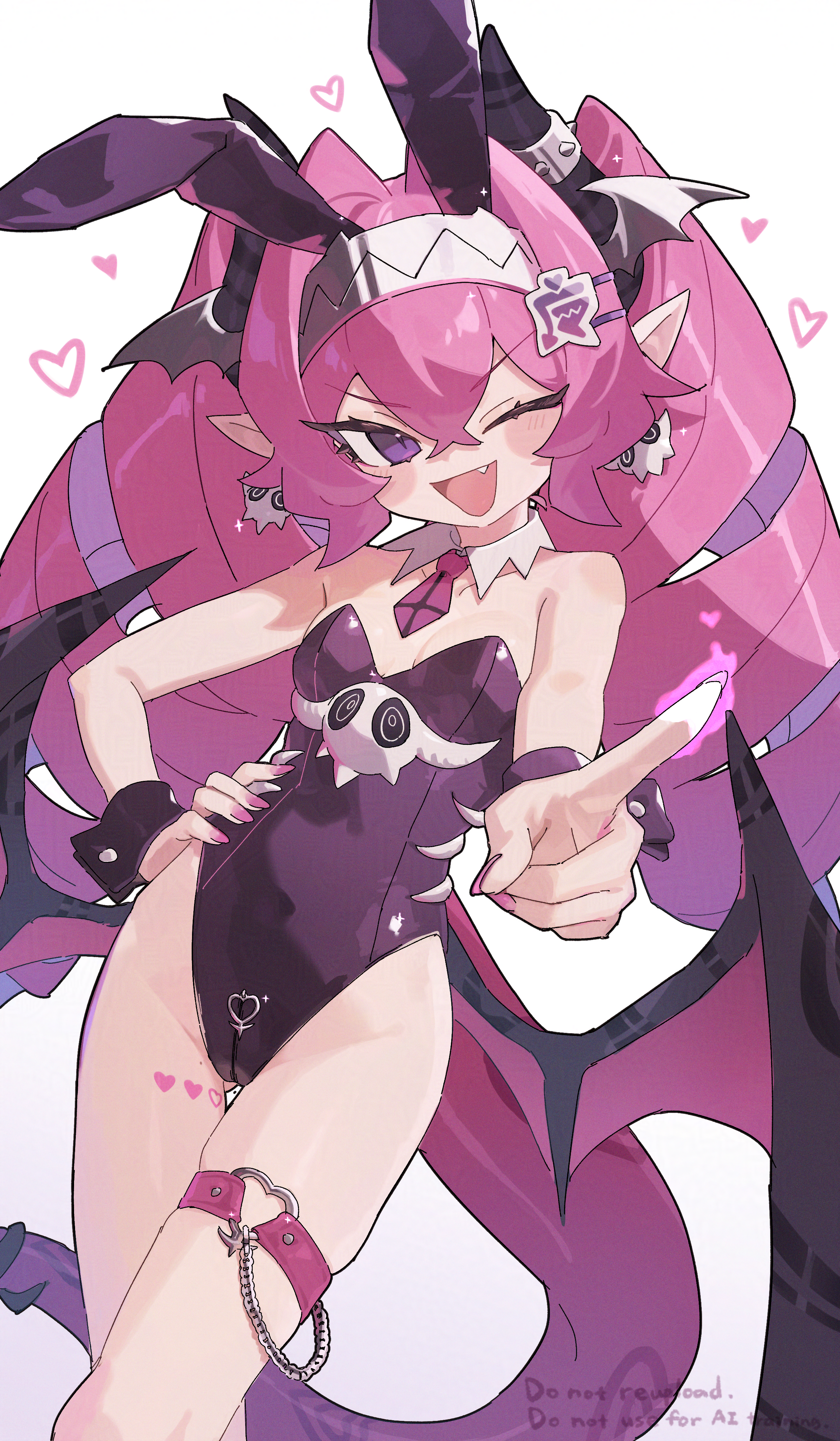 zizi niisan, original, absurdres, highres, 1girl, animal ear hairband, animal ears, black leotard, blush, breasts, demon girl, demon horns, demon tail, demon wings, drill hair, fake animal ears, fang, hairband, hand on own hip, heart, horns, index finger raised, leotard, long hair, looking at viewer, necktie, one eye closed, open mouth, pink nails, pointy ears, purple eyes, rabbit ear hairband, rabbit ears, red necktie, small breasts, smile, solo, tail, thigh strap, twin drills, wings, wrist cuffs