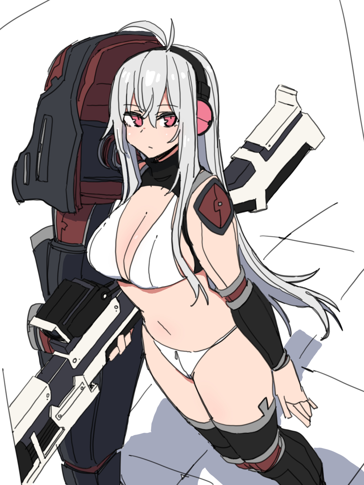 durindana 7, original, highres, tagme, ahoge, bikini, breasts, from above, headphones, large breasts, mechanical arms, midriff, simple background, single mechanical arm, swimsuit, white bikini, white hair