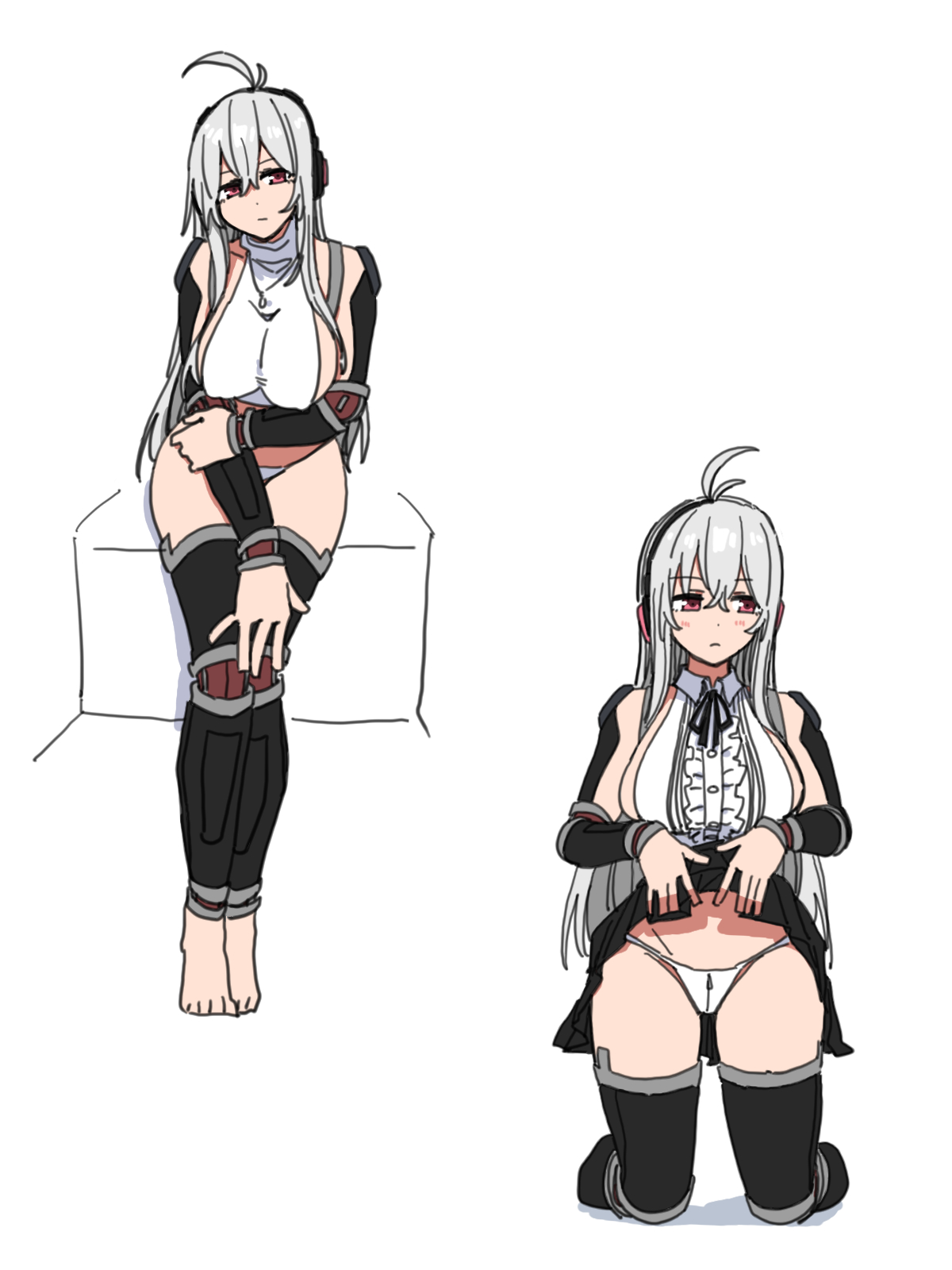 durindana 7, original, highres, tagme, ahoge, breasts, clothes lift, headphones, large breasts, sideboob, simple background, skirt, skirt lift, white hair