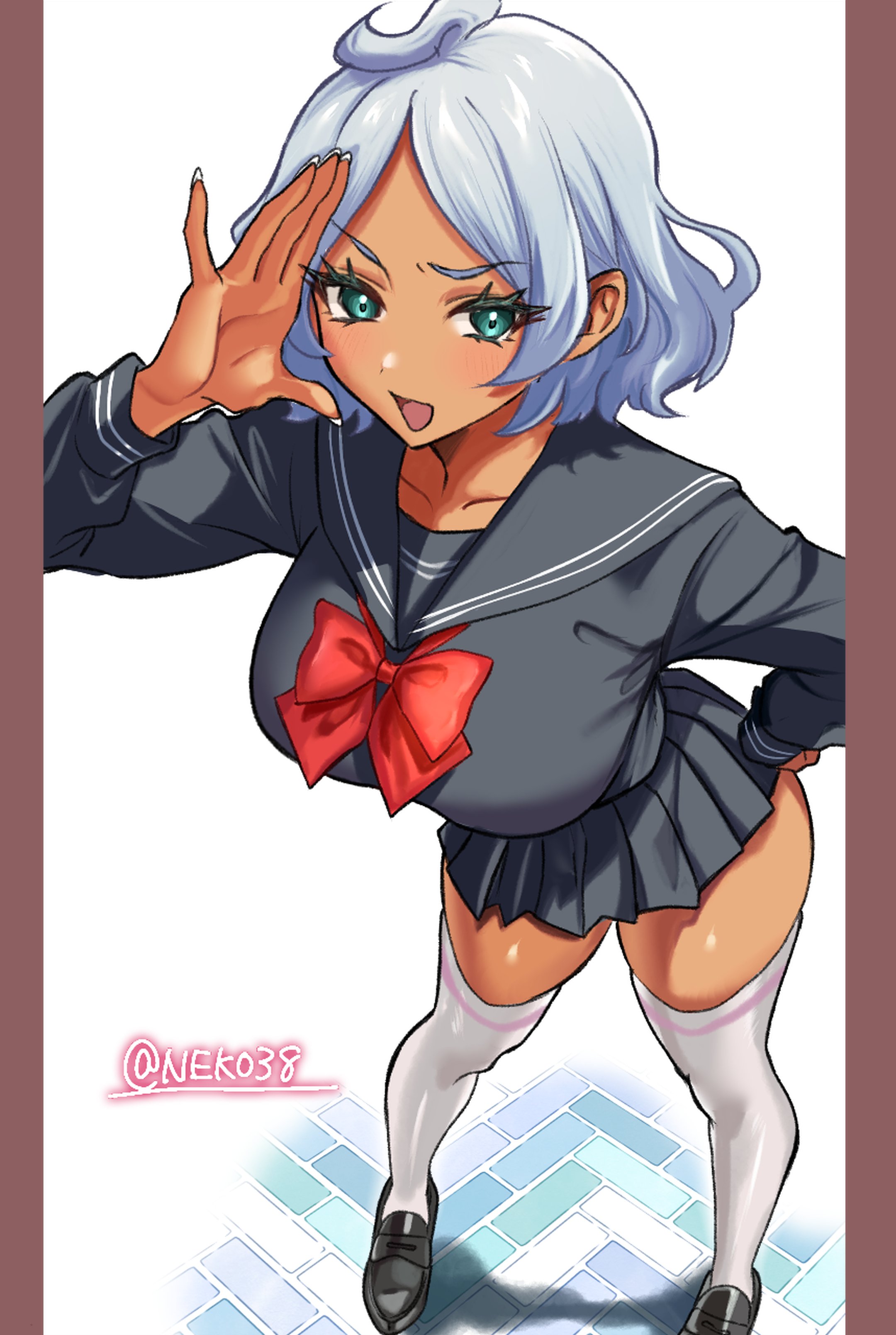 nekomiya mizuki, secelia dote, gundam, gundam suisei no majo, absurdres, commentary, highres, 1girl, ahoge, artist name, black serafuku, bow, breasts, collarbone, green eyes, hand on own hip, large breasts, open mouth, red bow, school uniform, serafuku, skirt, solo, thighhighs, twitter username, white hair, white nails, white thighhighs, zettai ryouiki