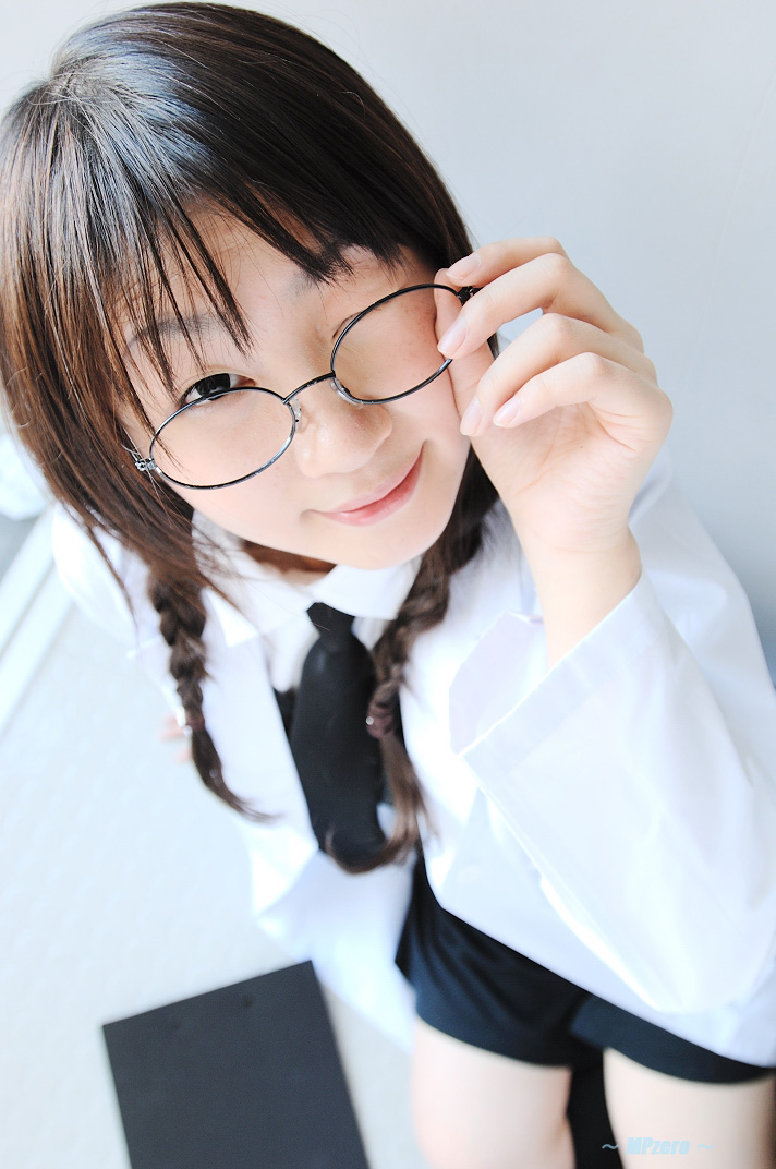 takamura mashiro, lou fa, rohfa, d.gray-man, photo (medium), 1girl, asian, braid, brown hair, clipboard, cosplay, female focus, from above, glasses, indoors, lab coat, lou fa (cosplay), necktie, one eye closed, rohfa (cosplay), socks, solo, twintails, wink