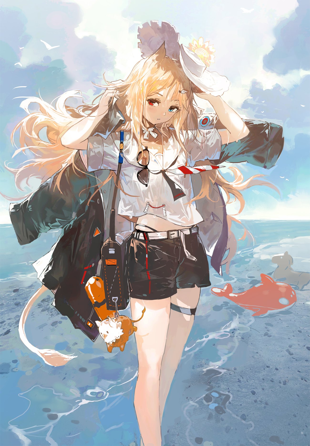 alchemaniac, original, highres, 1girl, animal ears, bag, beach, black shorts, blonde hair, blue eyes, cat ears, eyewear hang, feet out of frame, flower, hat, heterochromia, jacket, jacket on shoulders, lion girl, lion tail, long hair, looking at viewer, ocean, outdoors, red eyes, shirt, shorts, solo, sun hat, sunglasses, tail, thigh strap, unworn eyewear, white shirt