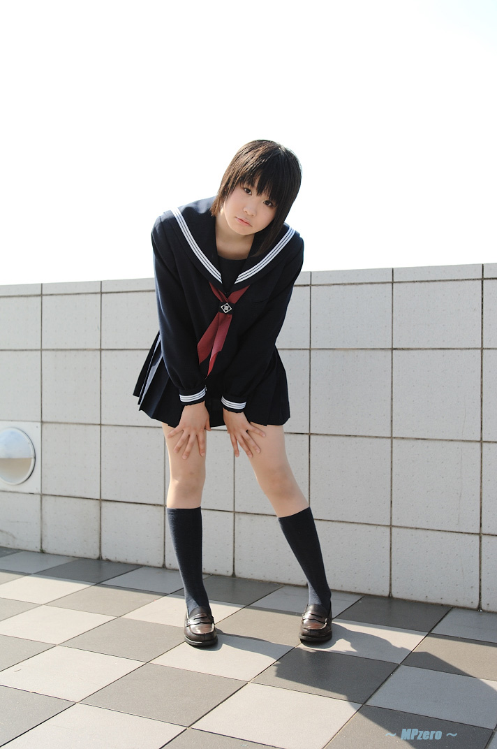 touta miya, photo (medium), 1girl, asian, brown shoes, checkered floor, cosplay, female focus, japanese (nationality), kneehighs, loafers, looking at viewer, outdoors, school uniform, serafuku, shoes, short hair, socks, solo, tile wall, tiles