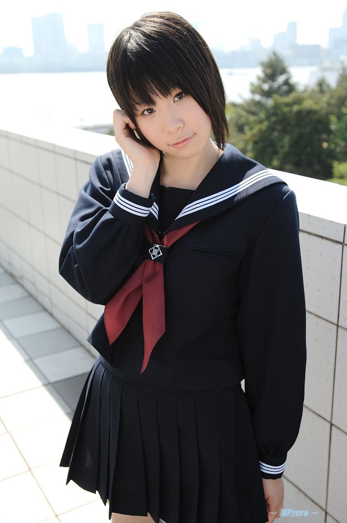 touta miya, photo (medium), tagme, 1girl, asian, brown shoes, checkered floor, cosplay, female focus, japanese (nationality), loafers, looking at viewer, outdoors, school uniform, serafuku, shoes, short hair, socks, solo, tile wall, tiles