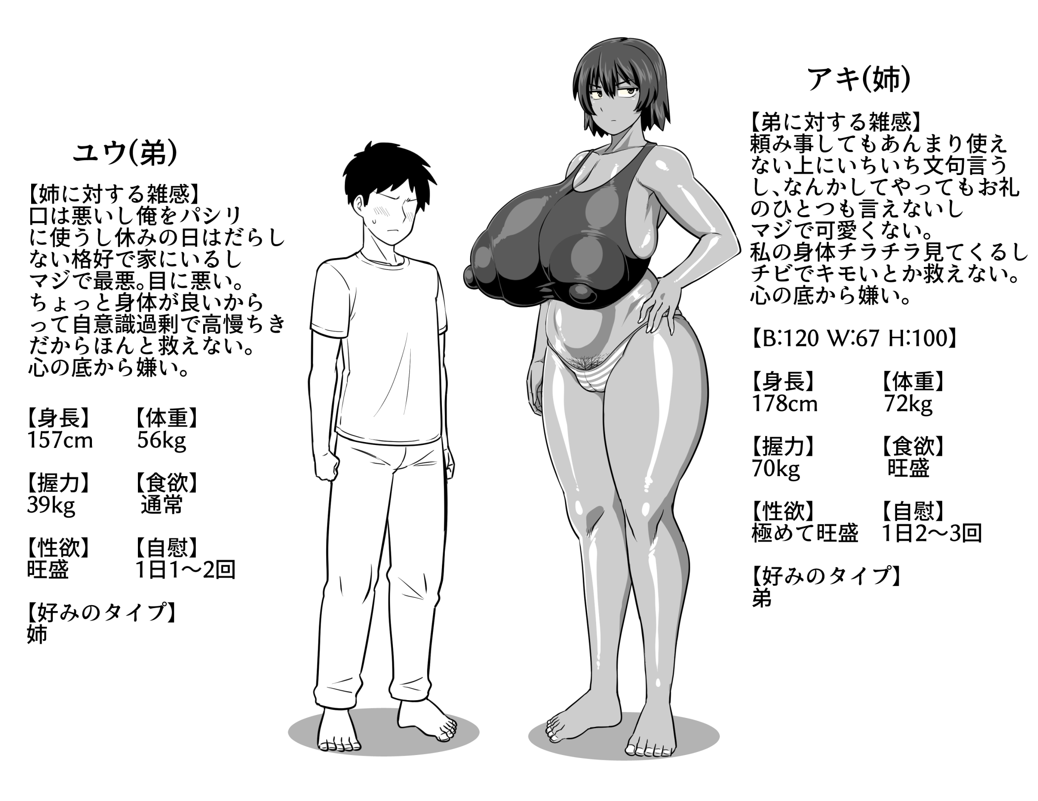 amazon (taitaitaira), aki (amazon), yuu (amazon), original, tagme, translation request, 1boy, 1girl, armpit crease, bare arms, bare hips, bare legs, bare shoulders, barefoot, blush, breasts, cleavage, closed mouth, dark-skinned female, dark skin, faceless, faceless male, gigantic breasts, greyscale, hand on own hip, height difference, huge areolae, huge breasts, huge nipples, large areolae, looking to the side, measurements, monochrome, pants, pubic hair, see-through clothes, shirt, short hair, simple background, size difference, standing, tall female, tan, tank top, thick thighs, thighs, white background, wide hips