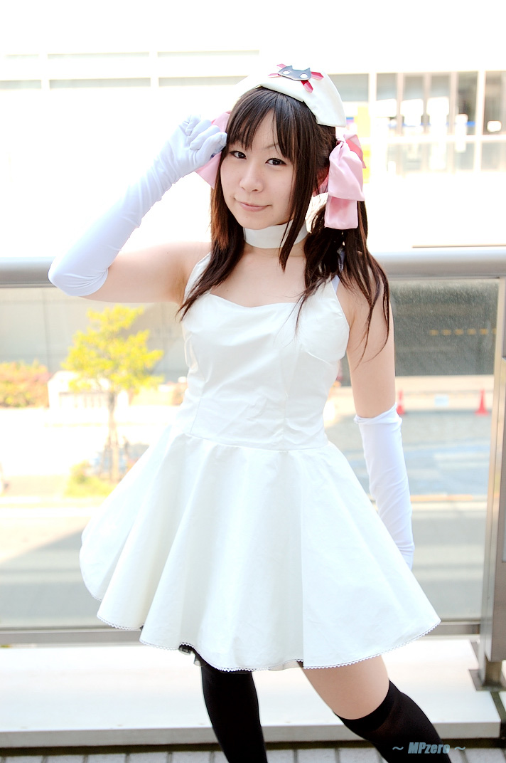 kirekawa saku (model), ruriko nasu, pure trance, photo (medium), 1girl, asian, bow, breasts, cosplay, elbow gloves, female focus, gloves, hair bow, long hair, looking at viewer, nurse, ruriko nasu (cosplay), small breasts, solo, thighhighs, twintails, zettai ryouiki