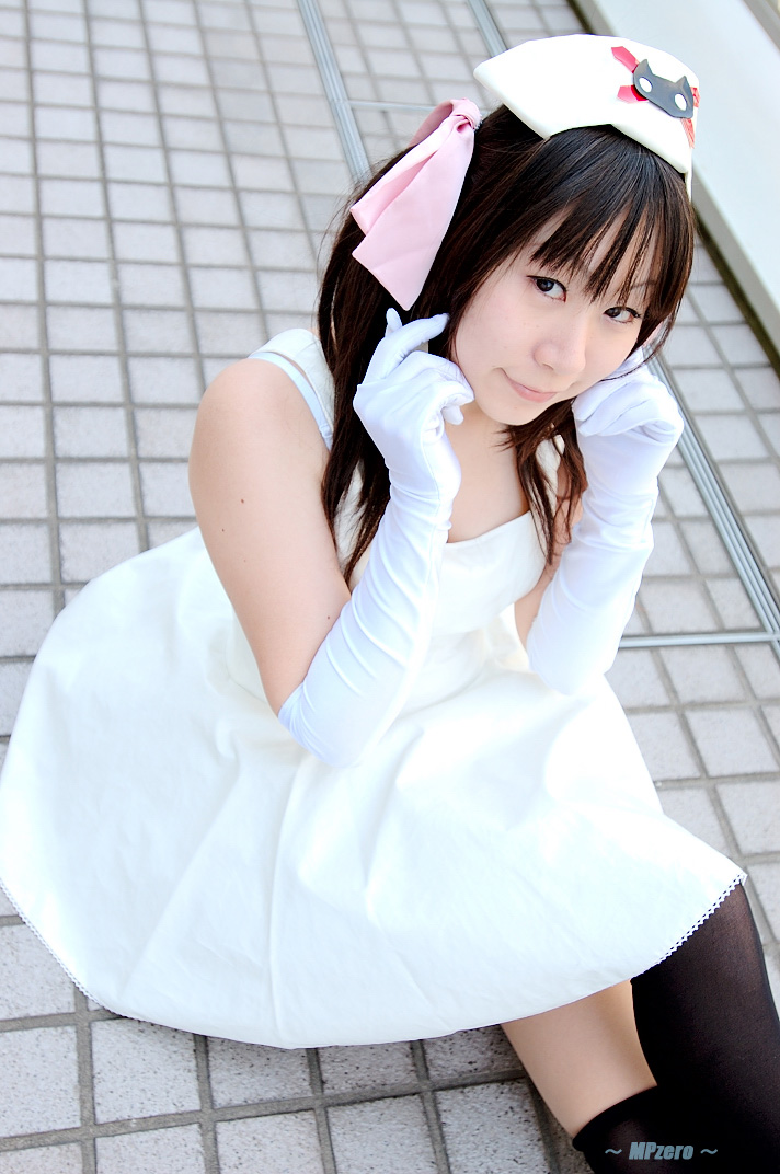 kirekawa saku (model), ruriko nasu, pure trance, photo (medium), 1girl, asian, bow, breasts, cosplay, elbow gloves, female focus, gloves, hair bow, long hair, looking at viewer, nurse, outdoors, ruriko nasu (cosplay), small breasts, solo, thighhighs, twintails