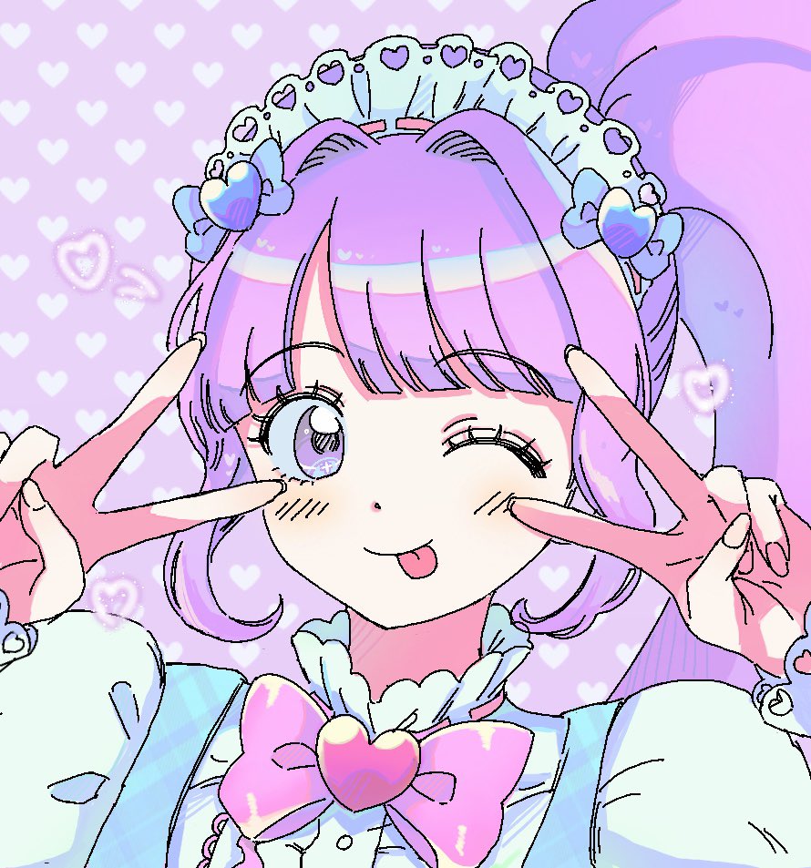 ku (kuooss), manaka non, pretty series, pripara, 1girl, :p, ;p, blunt bangs, blush, bow, closed mouth, double v, hair bow, hair ornament, hands up, heart, heart hair ornament, high side ponytail, long hair, long sleeves, looking at viewer, maid headdress, one eye closed, pink bow, ponytail, puffy sleeves, purple eyes, purple hair, shirt, side ponytail, sidelocks, smile, solo, tongue, tongue out, upper body, v, white shirt