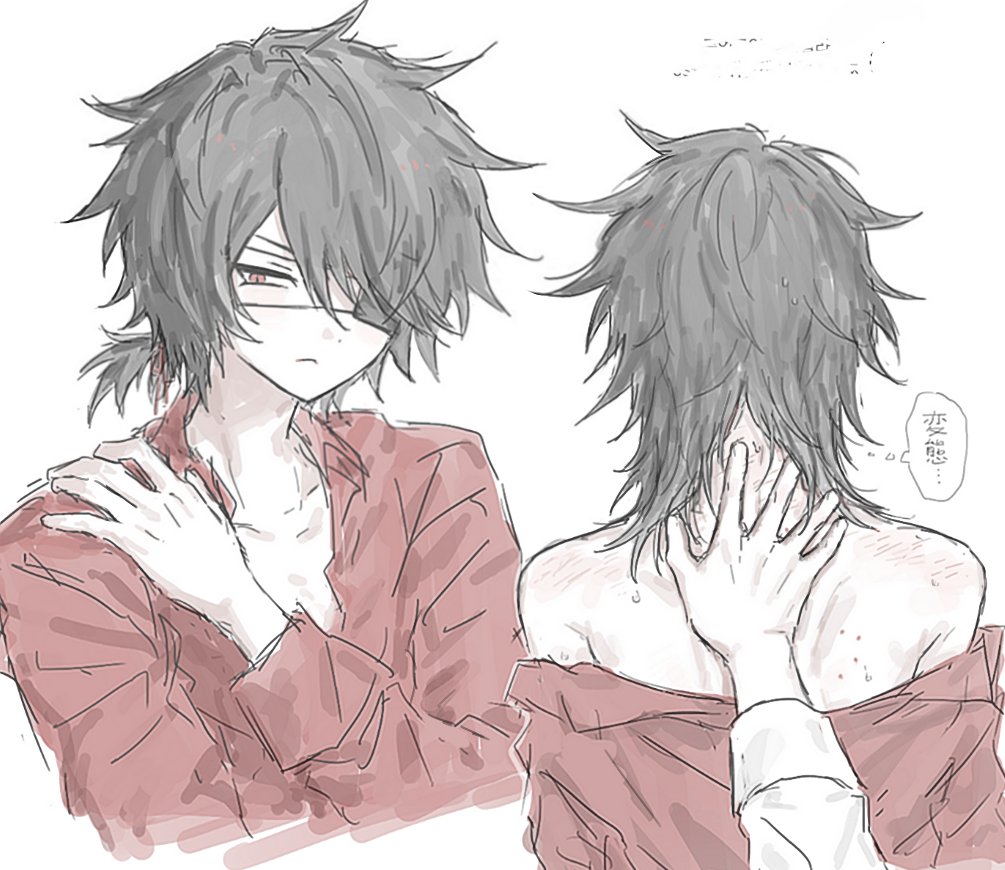 shinbashi (ooe), ooe (game), 1boy, 92 18xx, bite mark, black hair, closed mouth, collared shirt, eyepatch, hand on own neck, hickey, long sleeves, male focus, multiple views, ponytail, red eyes, red shirt, shirt, short hair, short ponytail, simple background, sweat, white background