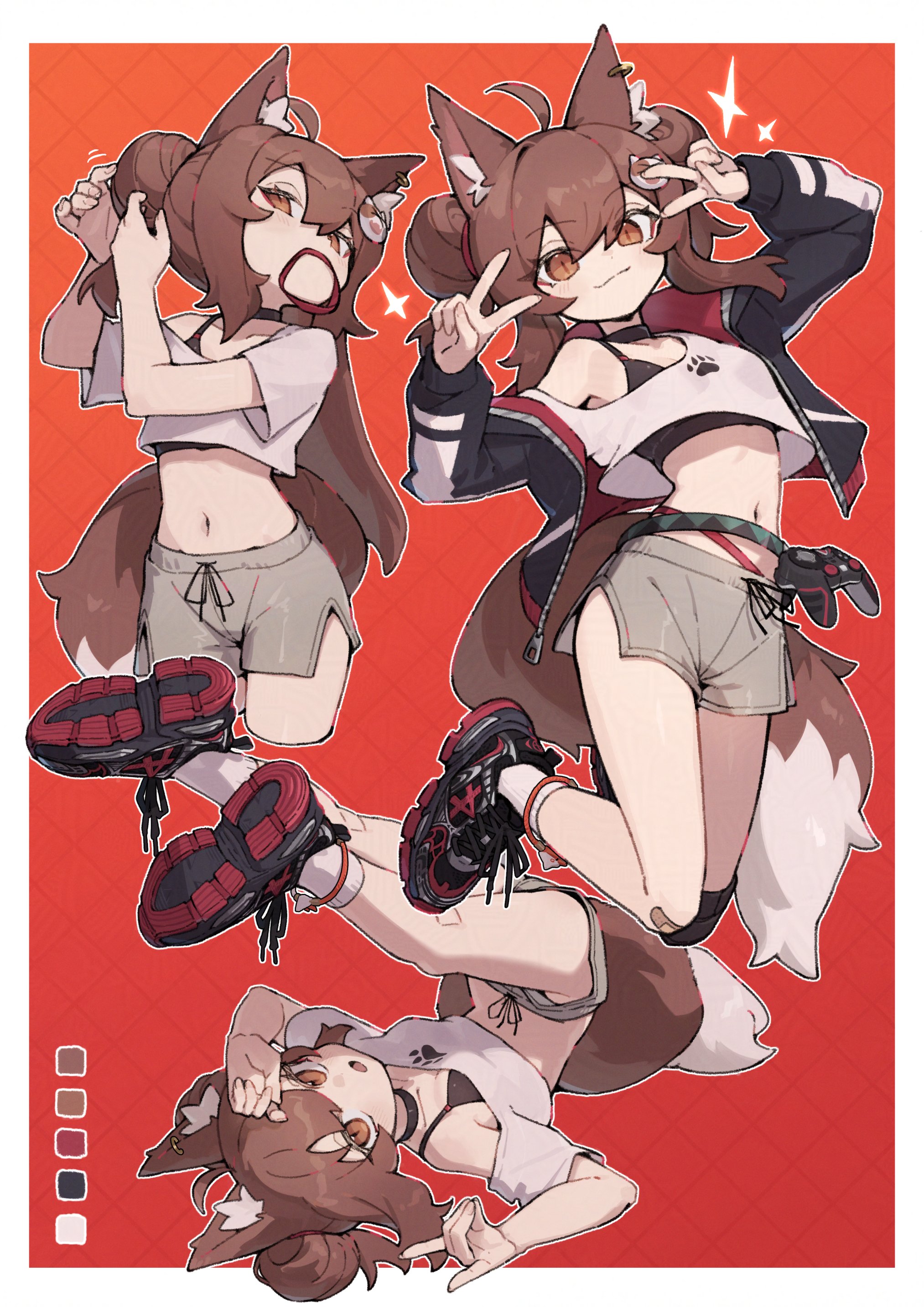 zizi niisan, original, absurdres, commission, highres, skeb commission, 1girl, adjusting hair, ahoge, animal ear fluff, animal ear piercing, animal ears, breasts, brown eyes, brown hair, closed mouth, color guide, cropped legs, double v, eyebrows hidden by hair, fox ears, fox girl, fox tail, full body, hair between eyes, hair tie in mouth, jumping, long hair, looking at viewer, medium hair, mouth hold, multiple views, navel, open mouth, red background, shirt, shoes, shorts, slit pupils, small breasts, smile, sneakers, sports bra, stomach, tail, upside-down, v, white shirt