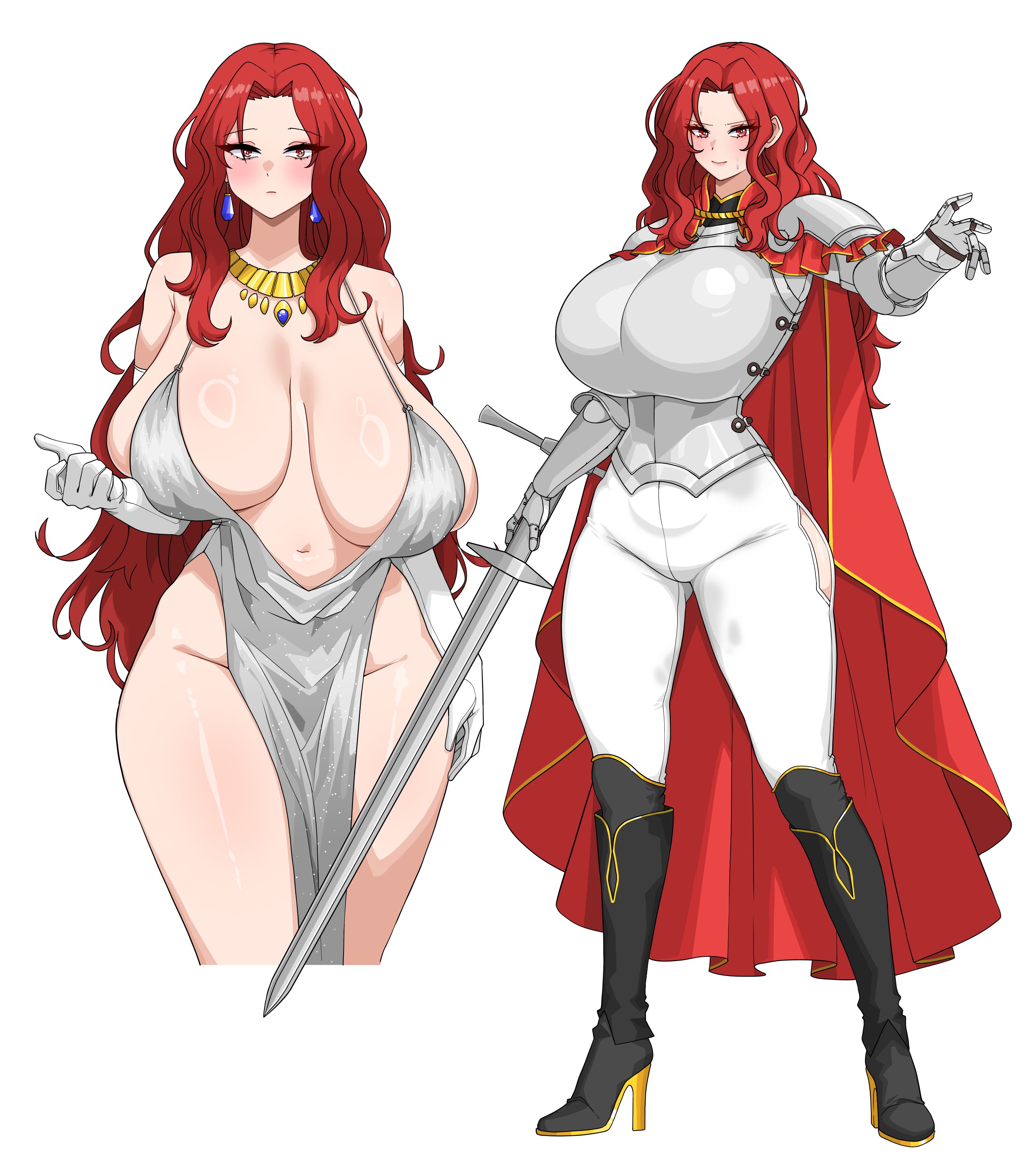 amx1375, original, absurdres, commentary, english commentary, highres, korean commentary, mixed-language commentary, 1girl, :|, aiguillette, armor, bare shoulders, black boots, boots, breastplate, breasts, cape, closed mouth, clothing cutout, cocktail dress, cropped legs, cuirass, curtained hair, dress, earrings, elbow gloves, full body, gauntlets, gloves, gold necklace, gold trim, grey dress, hand up, high heel boots, high heels, highleg, highleg dress, hip vent, holding, holding sword, holding weapon, huge breasts, jewelry, knee boots, knight, long hair, multiple views, navel, necklace, no bra, pants, parted bangs, pauldrons, pelvic curtain, red cape, red eyes, red hair, ring light reflection, sagging breasts, shoulder armor, side slit, simple background, standing, sword, vambraces, wavy hair, weapon, white background, white gloves, white pants