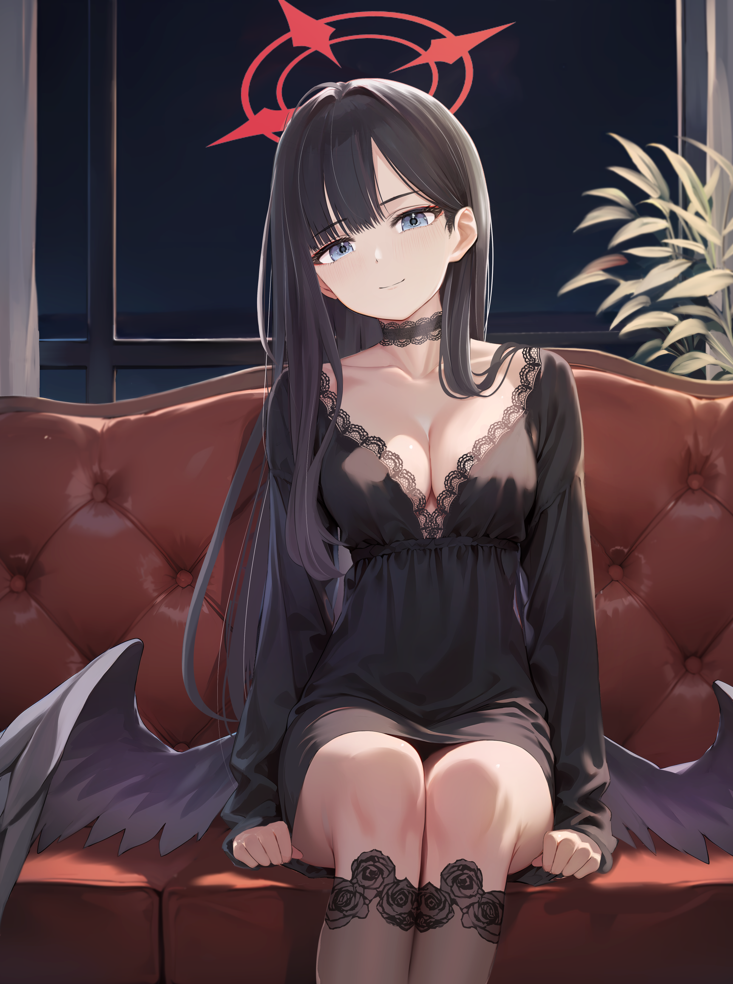 ryouta (ryouta335), ichika (blue archive), blue archive, absurdres, highres, 1girl, black choker, black dress, black hair, black socks, black wings, blue eyes, blush, breasts, choker, cleavage, closed mouth, collarbone, dress, feathered wings, halo, kneehighs, lace, lace choker, lace socks, long hair, long sleeves, looking at viewer, low wings, red halo, sitting, smile, socks, solo, wings