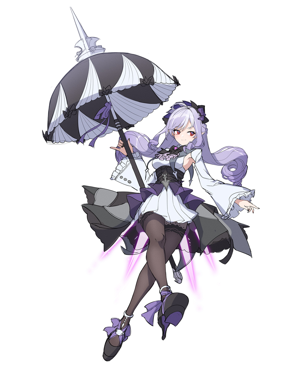 kinokare, vivian banshee, zenless zone zero, highres, 1girl, ascot, black nails, bow, bowtie, breast curtains, center frills, drill hair, frills, gem, hairband, holding, holding umbrella, mole, mole under eye, patterned legwear, pointy ears, purple ascot, purple bow, purple bowtie, purple gemstone, purple hair, purple hairband, purple umbrella, shrug (clothing), sideboob cutout, skirt, solo, thighhighs, umbrella, white background, white shrug