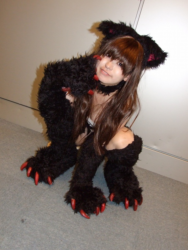 felicia (darkstalkers), hachisu, capcom, darkstalkers, fur, artist request, photo (medium), 1girl, animal ears, animal hands, asian, brown hair, cat ears, claws, cosplay, dutch angle, facing viewer, fake animal ears, female focus, full body, indoors, kneehighs, looking at viewer, socks, solo, squatting