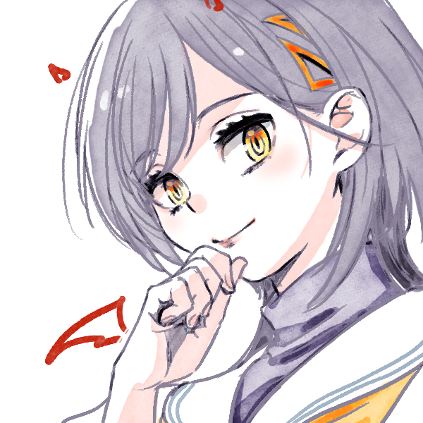 shinanoya (satanicad), katsuragi izumi, link! like! love live!, love live!, commentary, 1girl, closed mouth, demon horns, demon wings, drawn horns, drawn wings, dress, grey hair, hair ornament, hasu no sora school uniform, horns, long hair, looking at viewer, neckerchief, portrait, sailor collar, sailor dress, school uniform, simple background, slit pupils, smile, solo, split mouth, summer uniform, triangle hair ornament, turtleneck, undershirt, virtual youtuber, white background, white dress, white sailor collar, wings, wolf cut, yellow eyes, yellow neckerchief
